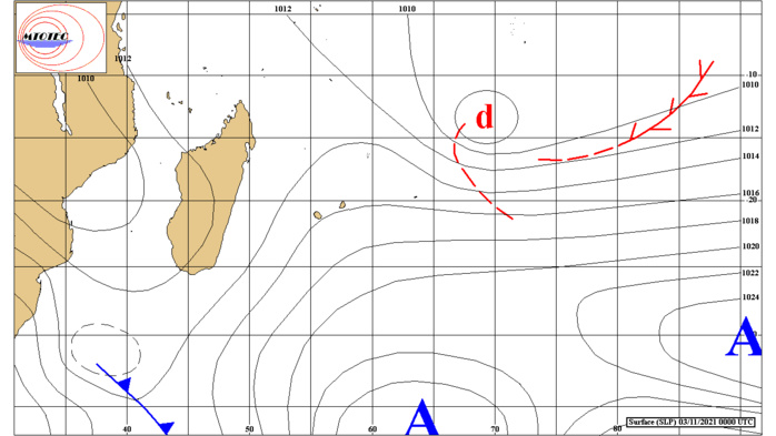 ILES SOEURS: prévisions+cartes détaillées pour MAURICE et la RÉUNION : 3 au 5 Novembre//Résidus de la Perturbation 93S au NE de RODRIGUES