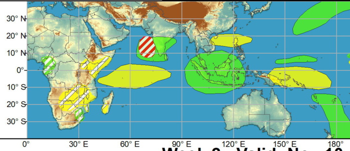 Tropical Cyclone (TC) activity has generally been non-existent in all of the basins, mainly due in part to a suppressed MJO, in addition to enhanced wind shear at the higher latitudes. In the past week, a departing storm over the northeastern U.S. contributed to the development of Subtropical Storm Wanda over the North Atlantic on 10/31. Wanda is now purely tropical, but is forecast to continue to track farther north and weaken over the next few days. Of note, Wanda is the final name on the 2021 list of names for the Atlantic Basin. All subsequent TCs will utilize a supplemental list of names as opposed to the Greek Alphabet that was used in the 2005 and 2020 seasons. More information can be found here: https://public.wmo.int/en/media/news/supplemental-list-of-tropical-cyclone-names-raiv. As the aforementioned Kelvin Wave propagates across the Indian Ocean, TC development is possible in the eastern Arabian Sea as indicated by several GEFS and ECMWF ensemble members. Over the Eastern Pacific, a reduction in upper level westerlies along the equator may promote TC development as multiple areas of surface low pressure have formed over the basin and across Central America. The Atlantic is forecast to remain quiet, although an extratropical cyclone is forecast to develop over the western Atlantic in the next few days and it is not out of the question that this system could acquire some subtropical characteristics as it moves over the Gulf Stream. As of right now, the probability of TC development is too low to include on the graphic.NOAA. Tropical Cyclone (TC) activity has generally been non-existent in all of the basins, mainly due in part to a suppressed MJO, in addition to enhanced wind shear at the higher latitudes. In the past week, a departing storm over the northeastern U.S. contributed to the development of Subtropical Storm Wanda over the North Atlantic on 10/31. Wanda is now purely tropical, but is forecast to continue to track farther north and weaken over the next few days. Of note, Wanda is the final name on the 2021 list of names for the Atlantic Basin. All subsequent TCs will utilize a supplemental list of names as opposed to the Greek Alphabet that was used in the 2005 and 2020 seasons. More information can be found here: https://public.wmo.int/en/media/news/supplemental-list-of-tropical-cyclone-names-raiv. As the aforementioned Kelvin Wave propagates across the Indian Ocean, TC development is possible in the eastern Arabian Sea as indicated by several GEFS and ECMWF ensemble members. Over the Eastern Pacific, a reduction in upper level westerlies along the equator may promote TC development as multiple areas of surface low pressure have formed over the basin and across Central America. The Atlantic is forecast to remain quiet, although an extratropical cyclone is forecast to develop over the western Atlantic in the next few days and it is not out of the question that this system could acquire some subtropical characteristics as it moves over the Gulf Stream. As of right now, the probability of TC development is too low to include on the graphic.NOAA.