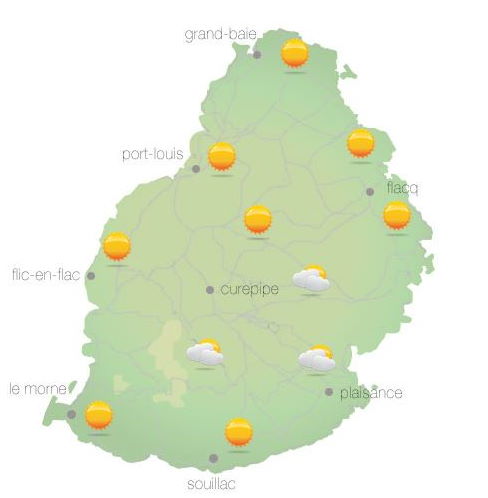 Bulletin prévision - Maurice  COMMUNIQUÉ DE LA MÉTÉO POUR MAURICE ÉMIS À 04H30 CE JEUDI 04 NOVEMBRE 2021.    SITUATION GÉNÉRALE:  Un vent léger souffle sur notre région.  PRÉVISIONS POUR LES PROCHAINES 24 HEURES: Il fera essentiellement beau ce matin, à l'exception de quelques ondées isolées sur les hauteurs. Dans l'après-midi le temps deviendra temporairement nuageux au Nord-Ouest. Mi-couvert ailleurs.  La température maximale variera entre 25 et 27 degrés Celsius sur le plateau central et entre 29 et 31 degrés Celsius sur le littoral.  Le ciel s'éclaircira graduellement durant la soirée et il fera beau par la suite.  La température minimale variera entre 17 et 20 degrés Celsius sur les hauteurs et entre 21 et 23 degrés Celsius sur les régions côtières.  Vent de l'Est-Sud-Est d'environ 15 km/h, devenant léger et variable la nuit.  Mer agitée au-delà des récifs avec des vagues de l'ordre de 1 mètre 50.  Information Supplémentaire: A 04h00, la zone de basse pression se trouvait à environ 1230 km au Nord-Est de Maurice. Elle maintient son déplacement lent vers l'Ouest-Nord-Ouest tout en s'affaiblissant.     Marées Hautes : 12h10 et demain 00h47.  Marées Basses : 06h09 et 18h46.     Lever du soleil     : 05h26.  Coucher du soleil : 18h21.     La pression atmosphérique à 04h00 : 1016 hectoPascals.