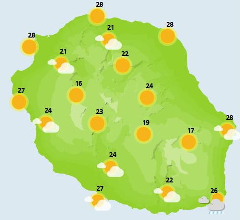 SAMEDI 06  Au lever du jour, des nuages bas encombrent l'Est du département avec de petites farines perdurant en première partie de matinée. Partout ailleurs, malgré quelques nuages, le soleil fait d'agréables apparitions. En fin de matinée, sur le relief, les nuages se développent et débordent en direction du littoral Nord. Des averses se développent sur les hauteurs du Nord et de l'Est. L'après-midi, les nuages présents sur l'Est se disloquent et laissent un peu plus de place au soleil sur le littoral. Au dessus de 2000 à 2200 mètres, les sentiers restent au sec et ensoleillés. Les températures maximales sont voisines des 28 à 30°C sur les plages de l'Ouest, 23 à 25°C dans les cirques et 20 à 21°C au volcan. Le vent est faible avec des brises majoritaires en cours de journée ou un faible alizé sur les côtes exposées. La mer est peu agitée à agitée.