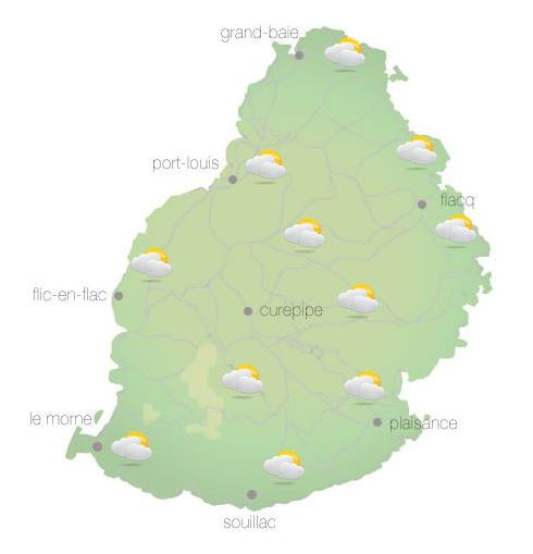 Bulletin prévision - Maurice  COMMUNIQUÉ DE LA MÉTÉO POUR MAURICE ÉMIS À 04H30 SAMEDI 06 NOVEMBRE 2021.  SITUATION GÉNÉRALE: Un vent léger à modéré souffle sur notre région.  PRÉVISIONS POUR LES PROCHAINES 24 HEURES: Ciel mi-couvert en général ce matin et dans l'après-midi.  La température maximale variera entre 24 et 26 degrés Celsius sur les hauteurs et entre 28 et 31 degrés Celsius sur le littoral.  Mi-couvert durant la nuit avec des ondées occasionnelles sur les hauteurs.  La température minimale variera entre 17 et 19 degrés Celsius sur le plateau central et entre 20 et 22 degrés Celsius sur les régions côtières.  Vent du sud-est, soufflant à environ 20 km/h.  Mer agitée au-delà des récifs avec des houles du sud-ouest de l'ordre de 1 mètre 50.  Information Supplémentaire: La zone de basse pression s'est affaiblie et évolue désormais comme une ligne d'instabilité. A 04h00 ce matin elle se trouvait loin au Nord de Maurice et maintient un déplacement dans une direction générale de l'Ouest.     Marées Hautes : 01h30 et 13h11.  Marées Basses : 07h21 et 20h01.     Lever du soleil     : 05h25.  Coucher du soleil : 18h22.     La pression atmosphérique à 04h00 : 1014 hectoPascals.