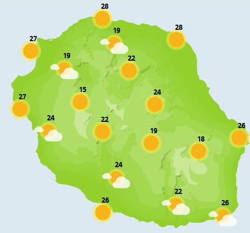 DIMANCHE 07  Au lever du jour, bonne surprise le ciel se montre clément, l'ensemble de la Réunion se réveille sous le soleil avec un petit bémol au pied du Volcan où quelques nuages peuvent donner une petite averse . Au fil  des heures, les nuages commencent à s'accrocher sur les pentes du relief mais les plus hauts sommets devraient rester au dessus des nuages. L'après-midi, les Cirques et les plaines s'ennuagent, les nuages débordent ensuite en direction de l'ouest avec deux trois gouttes possibles sur le quart nord-ouest mais rien de bien méchant. Les plus hauts sommets restent au soleil.   Les températures sont en légère hausse par rapport à la veille, elles gagnent de 1 à 2 degrés par  rapport à la veille.  Le vent de secteur Sud-Est est modéré  sur le sud-ouest et nord-est  avec quelques rafales vers Saint Pierre. Vent faible sur les plages de l'Ouest. La mer est peu agitée à agitée.