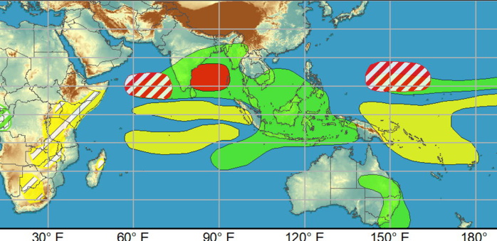 There continues to be good model support for tropical cyclogenesis in the northern Indian Ocean tied to the interaction of the aforementioned Kelvin wave and Rossby wave early in week-1. The Joint Typhoon Warning Center (JTWC) is currently monitoring a disturbance in the Bay of Bengal where reduced shear and warm SSTs remain conducive for development by the outset of the period, supporting a high confidence area in the region. Although less supported in the probabilistic tools, a moderate confidence area is also posted in the Arabian Sea associated with another area of low pressure that is favored to strengthen in the deterministic solutions later this week. Regardless of formation with these two disturbances, heavy precipitation amounts appear likely, which may trigger flooding for parts of southern India and Sri Lanka during the next several days. By early to the middle part of next week, there is continued support in the ensemble and probabilistic guidance favoring the development of another closed low in the Bay of Bengal, prompting a moderate confidence area for week-2. In the western Pacific, dynamical models continue to advertise an area of low pressure strengthening near the Mariana Islands next week, however there remains differences in regards to the timing of this feature. To address this uncertainty, a pair of moderate confidence areas are posted for week-1 and week-2, with the latter area more focused in the Philippine Sea in accordance with the ECMWF solutions. NOAA.