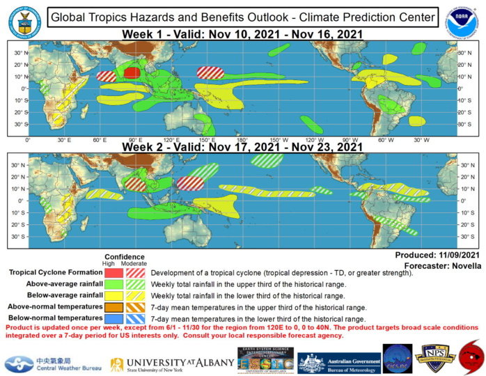 The MJO remains weak as reflected in the RMM index which has continued to show a low amplitude intraseasonal signal since mid-October. During the past week, the MJO signal rapidly shifted eastward into the Maritime Continent likely tied to the passage of a Kelvin wave, and more recently, retreated back into phase 3 likely due to Rossby wave activity that is currently analyzed over the Indian Ocean. Looking ahead, dynamical models favor the resumption of an eastward propagating signal over the Maritime Continent, but maintain a low amplitude as the majority of ensemble means keep the signal within the RMM unit circle during the next two weeks. Of note, there are several ensemble members, including statistical guidance, which favor a stronger MJO event crossing the western Pacific later in the period. However, there remains a good deal of uncertainty in this realization given the strengthening low frequency base state associated with the ongoing La Nina. The large-scale environment is expected to be conducive for tropical cyclone (TC) formation in the Eastern Hemisphere, and quieter conditions are anticipated for the eastern Pacific and Atlantic basins in conjunction with a less active climatology later in November.  A pair of TCs, Sandra and Terry, formed in the eastern Pacific and briefly peaked at Tropical Storm intensity this past weekend. Now both at tropical depression strength, the National Hurricane Center (NHC) forecasts these two systems to continue tracking westward over open waters, and eventually dissipate later this week. No TC areas are added in the outlook over the eastern Pacific, as there is little support in the guidance for additional TC development during the next two weeks. Across the Atlantic, a broad area of suppressed convection continues to be favored among the ensembles throughout the Caribbean and the Main Development Region, reducing the potential for late season TC activity during the next two weeks. Farther north, subtropical cyclone development is possible near the Azores late in week-1, however confidence is too low to include any corresponding TC shapes in the outlook given less support from probabilistic guidance and cooler sea surface temperatures (SSTs) in the region.  There continues to be good model support for tropical cyclogenesis in the northern Indian Ocean tied to the interaction of the aforementioned Kelvin wave and Rossby wave early in week-1. The Joint Typhoon Warning Center (JTWC) is currently monitoring a disturbance in the Bay of Bengal where reduced shear and warm SSTs remain conducive for development by the outset of the period, supporting a high confidence area in the region. Although less supported in the probabilistic tools, a moderate confidence area is also posted in the Arabian Sea associated with another area of low pressure that is favored to strengthen in the deterministic solutions later this week. Regardless of formation with these two disturbances, heavy precipitation amounts appear likely, which may trigger flooding for parts of southern India and Sri Lanka during the next several days. By early to the middle part of next week, there is continued support in the ensemble and probabilistic guidance favoring the development of another closed low in the Bay of Bengal, prompting a moderate confidence area for week-2. In the western Pacific, dynamical models continue to advertise an area of low pressure strengthening near the Mariana Islands next week, however there remains differences in regards to the timing of this feature. To address this uncertainty, a pair of moderate confidence areas are posted for week-1 and week-2, with the latter area more focused in the Philippine Sea in accordance with the ECMWF solutions.  The precipitation outlook during the next two weeks is based on a consensus of GEFS, CFS, and ECMWF guidance. For hazardous weather concerns during the next two weeks across the U.S., please refer to your local NWS Forecast Office, the Weather Prediction Center's Medium Range Hazards Forecast, and CPC's Week-2 Hazards Outlook. Forecasts over Africa are made in consultation with the International Desk at CPC and can represent local-scale conditions in addition to global scale variability. NOAA. The MJO remains weak as reflected in the RMM index which has continued to show a low amplitude intraseasonal signal since mid-October. During the past week, the MJO signal rapidly shifted eastward into the Maritime Continent likely tied to the passage of a Kelvin wave, and more recently, retreated back into phase 3 likely due to Rossby wave activity that is currently analyzed over the Indian Ocean. Looking ahead, dynamical models favor the resumption of an eastward propagating signal over the Maritime Continent, but maintain a low amplitude as the majority of ensemble means keep the signal within the RMM unit circle during the next two weeks. Of note, there are several ensemble members, including statistical guidance, which favor a stronger MJO event crossing the western Pacific later in the period. However, there remains a good deal of uncertainty in this realization given the strengthening low frequency base state associated with the ongoing La Nina. The large-scale environment is expected to be conducive for tropical cyclone (TC) formation in the Eastern Hemisphere, and quieter conditions are anticipated for the eastern Pacific and Atlantic basins in conjunction with a less active climatology later in November.  A pair of TCs, Sandra and Terry, formed in the eastern Pacific and briefly peaked at Tropical Storm intensity this past weekend. Now both at tropical depression strength, the National Hurricane Center (NHC) forecasts these two systems to continue tracking westward over open waters, and eventually dissipate later this week. No TC areas are added in the outlook over the eastern Pacific, as there is little support in the guidance for additional TC development during the next two weeks. Across the Atlantic, a broad area of suppressed convection continues to be favored among the ensembles throughout the Caribbean and the Main Development Region, reducing the potential for late season TC activity during the next two weeks. Farther north, subtropical cyclone development is possible near the Azores late in week-1, however confidence is too low to include any corresponding TC shapes in the outlook given less support from probabilistic guidance and cooler sea surface temperatures (SSTs) in the region.  There continues to be good model support for tropical cyclogenesis in the northern Indian Ocean tied to the interaction of the aforementioned Kelvin wave and Rossby wave early in week-1. The Joint Typhoon Warning Center (JTWC) is currently monitoring a disturbance in the Bay of Bengal where reduced shear and warm SSTs remain conducive for development by the outset of the period, supporting a high confidence area in the region. Although less supported in the probabilistic tools, a moderate confidence area is also posted in the Arabian Sea associated with another area of low pressure that is favored to strengthen in the deterministic solutions later this week. Regardless of formation with these two disturbances, heavy precipitation amounts appear likely, which may trigger flooding for parts of southern India and Sri Lanka during the next several days. By early to the middle part of next week, there is continued support in the ensemble and probabilistic guidance favoring the development of another closed low in the Bay of Bengal, prompting a moderate confidence area for week-2. In the western Pacific, dynamical models continue to advertise an area of low pressure strengthening near the Mariana Islands next week, however there remains differences in regards to the timing of this feature. To address this uncertainty, a pair of moderate confidence areas are posted for week-1 and week-2, with the latter area more focused in the Philippine Sea in accordance with the ECMWF solutions.  The precipitation outlook during the next two weeks is based on a consensus of GEFS, CFS, and ECMWF guidance. For hazardous weather concerns during the next two weeks across the U.S., please refer to your local NWS Forecast Office, the Weather Prediction Center's Medium Range Hazards Forecast, and CPC's Week-2 Hazards Outlook. Forecasts over Africa are made in consultation with the International Desk at CPC and can represent local-scale conditions in addition to global scale variability. NOAA.