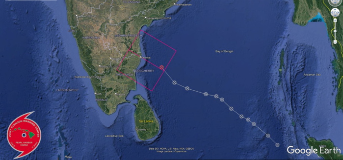 1. FORMATION OF A SIGNIFICANT TROPICAL CYCLONE IS POSSIBLE WITHIN 220 KM EITHER SIDE OF A LINE FROM 11.9N 82.3E TO 13.7N 79.2E WITHIN THE NEXT 12 TO 24 HOURS. AVAILABLE DATA DOES NOT JUSTIFY ISSUANCE OF NUMBERED TROPICAL CYCLONE WARNINGS AT THIS TIME. WINDS IN THE AREA ARE ESTIMATED TO BE 25 TO 30 KNOTS. METSAT IMAGERY AT 111018Z INDICATES THAT A CIRCULATION CENTER IS LOCATED NEAR 12.2N 82.1E. THE SYSTEM IS MOVING NORTHWESTWARD AT 31 KM/H. 2. REMARKS: ANIMATED ENHANCED INFRARED SATELLITE IMAGERY (EIR) AND A  101522Z METOP-B ASCAT PASS DEPICT A BROAD AREA OF CONVECTION SHEARED  150+ KM NORTHWESTWARD OF AN EXPOSED LOW-LEVEL CIRCULATION WITH  PATCHES  OF 25-30KT WINDS IN THE NORTHERN PERIPHERY UNDER THE  FRAGMENTED RAIN BANDS. ANALYSIS INDICATES THE ENVIRONMENT IS  MARGINAL FOR FURTHER DEVELOPMENT WITH STRONG POLEWARD OUTFLOW AND  WARM (29-30C) SEA SURFACE TEMPERATURES GREATLY OFFSET BY MODERATE TO  STRONG (20-30KT) RELATIVE VERTICAL WIND SHEAR. DYNAMIC MODELS ARE IN  GENERAL AGREEMENT THAT 91B WILL CONTINUE TO TRACK NORTHWESTWARD AND  WITH A SMALL WINDOW FOR INTENSIFICATION PRIOR TO LANDFALL IN THE  NEXT 24 HOURS. MAXIMUM SUSTAINED SURFACE WINDS ARE ESTIMATED AT 25  TO 30 KNOTS. MINIMUM SEA LEVEL PRESSURE IS ESTIMATED TO BE NEAR 1002  MB. THE POTENTIAL FOR THE DEVELOPMENT OF A SIGNIFICANT TROPICAL  CYCLONE WITHIN THE NEXT 24 HOURS IS HIGH.