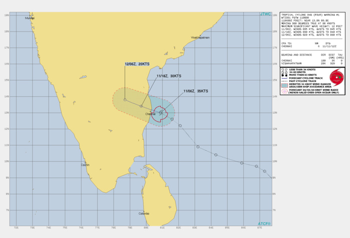 Invest 91B is now TC 04B, forecast to make landfall near Chennai/India within 6hours, 11/09utc update