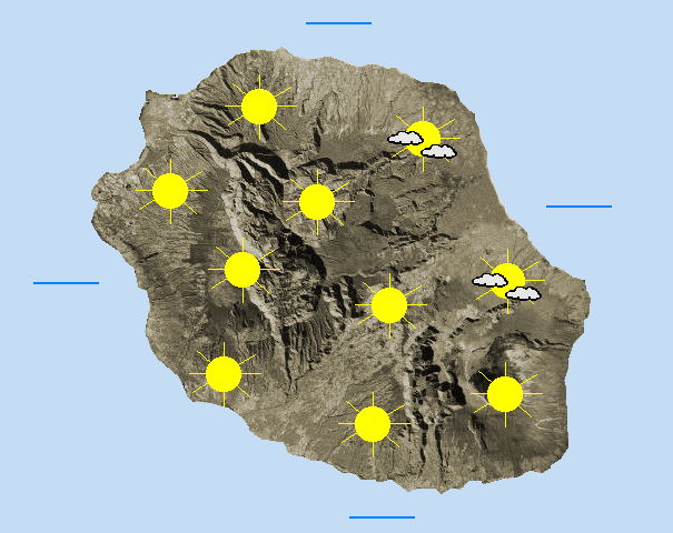 JOURNEE DU VENDREDI 12  Temps calme, devenant très nuageux l'après midi.    Peu de changement par rapport à la veille. En ce début de journée, c'est du soleil pour l'ensemble de la Réunion. Au fil de la matinée, quelques nuages porteurs de deux ou trois gouttes viennent s'échouer le long du littoral Nord et Est, mais rien de très significatif. Ailleurs, les nuages de pente apparaissent. Les pentes de l'Est et la Plaine-des-Palmistes s'ennuagent. L'après-midi, l'ensemble des pentes se retrouve sous la grisaille, et les débordements s'opèrent vers le bord de mer sans direction privilégiée. Dans les Cirques, les éclaircies se réduisent à quelques coins de ciel bleu. Coté précipitation, de petites averses sont attendues ici ou là, principalement sur les pentes de l'Est et du coté de Saint-Paul. Les plus hauts sommets au-dessus de 2000, 2200 mètres sont au-dessus des nuages.   Les températures sont stationnaires. Il est attendu 27 à 29 °c sur le littoral, 23 à 25 °c dans les cirques et sur la région du Volcan. Le vent de nord-est est faible, un peu plus marqué en Baie de la Possession et vers la Pointe de la Table. Côté mer, elle est belle à peu agitée.