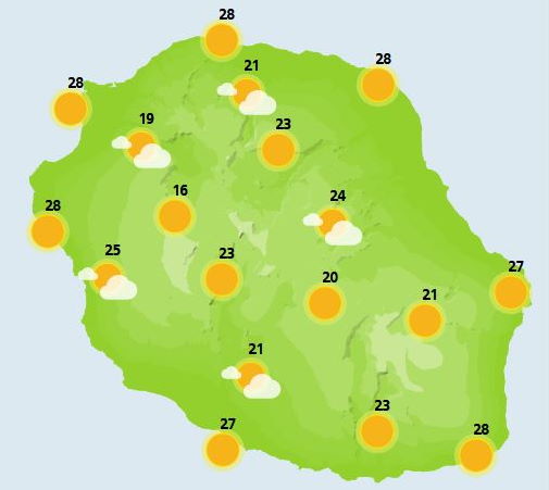 SAMEDI 13  Le week-end s'annonce ensoleillé et de plus en plus chaud. Au lever du jour, quelques nuages venant du large peuvent apporter quelques ondées sur les côtes Nord de l'île. Rapidement, elles s'estompent et le soleil est généreux en matinée. L'après midi, le temps devient nuageux sur le sud de l'île.Quelques gouttes ou farines sont possibles au sud d'une ligne "Le Port/Sainte-Rose" en passant par les Makes. Ailleurs, "du battant des lames au sommet des montagnes" le soleil domine largement. Le vent d'Est à Nord-Est reste modéré au Port ainsi qu'au voisinage de Saint-Philippe. Les températures atteignent les 30°C à Saint Louis et près de 26°C à Cilaos. La mer demeure peu agitée à agitée avec la présence d'une petite houle australe légèrement supérieure à un mètre sur la côte Sud.