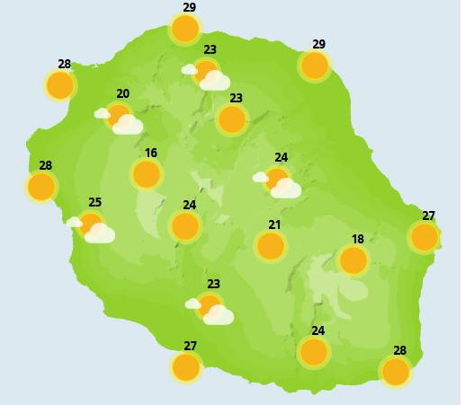 DIMANCHE 14  Point de nuages prévues en début de journée. Cette journée dominicale s'annonce encore chaude et ensoleillée, avec juste quelques nuages l'après midi, pour apporter de l'ombre sur le Sud de l'île. Côté mer, la petite houle se rapproche des 1.50 mètres ce qui peut rendre la mer localement agitée, ainsi qu'au vent de Nord-Ouest qui peut souffler jusqu'à 40 km/h en rafales en baie de la Possession et vers La Pointe de la Table.