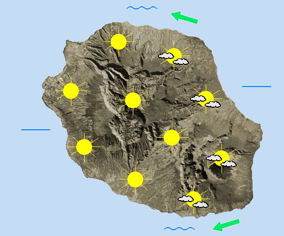 JOURNEE DU SAMEDI 13  Temps globalement sec.    La matinée s'annonce bien ensoleillée sur la majeure partie de l'île avec un petit bémol le long des côtes Nord et Nord-Est où quelques nuages peuvent venir s'échouer en donnant quelques gouttes de pluie au lever du jour. Quoiqu'il en soit, cela ne dure pas. Au fil des heures, les fidèles nuages de pente apparaissent, se montrant plutôt discrets sur l'Est. L'après-midi, la Plaine-des-Palmistes et les cirques conservent de belles éclaircies. Pour la Plaine des Cafres et le sommet du Volcan, le soleil se maintient, l'inversion se situe entre 1500 et 1700 mètres. Par contre, c'est sur le quart Sud-Ouest de l'île où les nuages se montrent les plus nombreux avec des débordements nuageux attendus des plages de l'Ouest jusque Saint-Joseph environ. Côté précipitations, pas grand-chose à attendre encore aujourd'hui, le temps reste globalement sec. Les températures sont stationnaires par rapport à hier et toujours largement supérieures aux normales sur les plus hauts sommets. On attend 28 à 30°C sur le littoral, 27°C à Cilaos et 22 à 24°C au Maïdo ou au Pas de Bellecombe-Jacob. Le vent de Nord-Est se renforce légèrement avec des rafales de 50 à 60 km/h en Baie de la Possession et vers la Pointe de la Table. Quelques rafales sont également attendues sur les sommets exposés. La mer demeure peu agitée à agitée sans houle significative en journée.