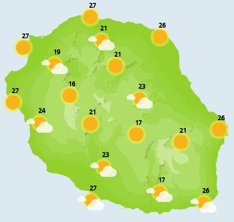 ILES SOEURS(MAURICE/RÉUNION): cartes détaillées de votre ciel pour ce Weekend + modèle températures+tendances semaine prochaine