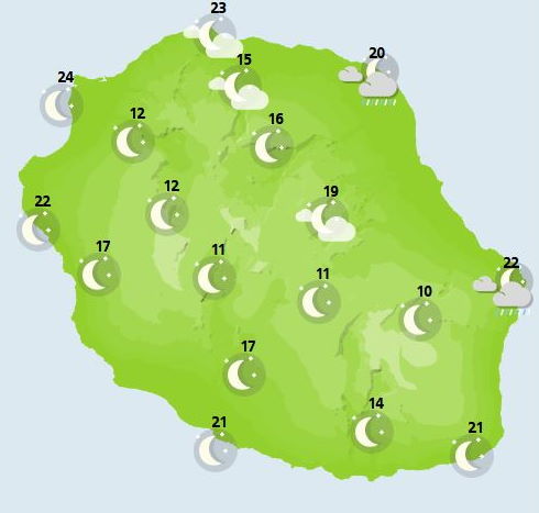 ILES SOEURS(MAURICE/RÉUNION): cartes détaillées de votre ciel pour ce Weekend + modèle températures+tendances semaine prochaine