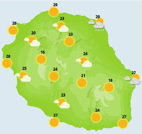 DIMANCHE 14  Hormis quelques rentrées maritimes sur la côte Est, cette journée dominicale commence sous le soleil. Au fil de la matinée de petits cumulus se forment le long des pentes. L'après-midi, ces nuages s'étalent en donnant de petites averses sur la Plaine des Cafres et les Hauts de Saint-Leu. Les cirques, les plus hauts sommets et le littoral devraient cependant conserver un temps sec et bien ensoleillé.  Le vent faible s'oriente au Nord-Est et les températures en légère hausse sont toujours supérieures aux normales de saison, voisines de 30 degrés aux bords de mer. La mer est peu agitée sur la côte Nord, agitée sur la côte Sud avec une petite houle australe voisines de un mètre.