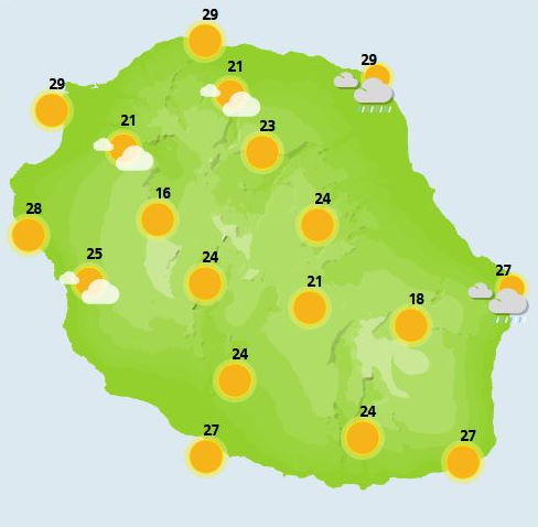 LUNDI 15  Globalement le même type de temps que la veille, bien ensoleillé en matinée malgré quelques rentrées maritimes sur la façade Est, plus nuageux l'après-midi, avec des pluies éparses dans les hauts de l'Ouest. Le littoral, les cirques et les plus hauts sommets bénéficient toujours d'un temps sec avec un soleil généreux. Le vent de Nord-Est qui se renforce maintient les températures chaudes pour la saison. Coté mer peu de changement. Elle demeure peu agitée sur la côte Nord à agitée sur la côte Sud, avec une houle australe voisine de 1,5 mètres.