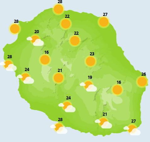 ILES SOEURS(MAURICE/RÉUNION): cartes détaillées de votre ciel pour ce Weekend + modèle températures+tendances semaine prochaine