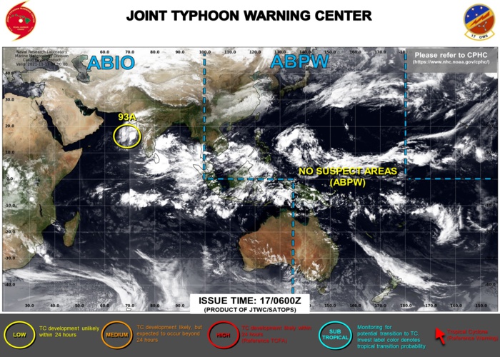 AN AREA OF CONVECTION (INVEST 93A) HAS PERSISTED NEAR  14.8N 69.1E, APPROXIMATELY 610 KM SOUTHWEST OF MUMBAI, INDIA.  ANIMATED ENHANCED INFRARED SATELLITE IMAGERY (EIR) AND A TIMELY  162359Z SSMIS 91GHZ MICROWAVE IMAGE DEPICTS A POORLY ORGANIZED LLC  WITH MOST OF THE CONVECTION SHEARED TO THE NORTHWESTERN PERIPHERY.  UPPER LEVEL ANALYSIS INDICATES A FAVORABLE ENVIRONMENT WITH LOW TO  MODERATE (10 TO 20 KTS) VWS, EXCELLENT POLEWARD OUTFLOW AND WARM (28- 29C) SEA SURFACE TEMPERATURES. GLOBAL MODELS ARE IN AGREEMENT THAT  INVEST 93A WILL SEE MINIMAL DEVELOPMENT AS IT TRACKS WEST- NORTHWESTWARD. MAXIMUM SUSTAINED SURFACE WINDS ARE ESTIMATED AT 12  TO 17 KNOTS. MINIMUM SEA LEVEL PRESSURE IS ESTIMATED TO BE NEAR 1010  MB. THE POTENTIAL FOR THE DEVELOPMENT OF A SIGNIFICANT TROPICAL  CYCLONE WITHIN THE NEXT 24 HOURS IS LOW.