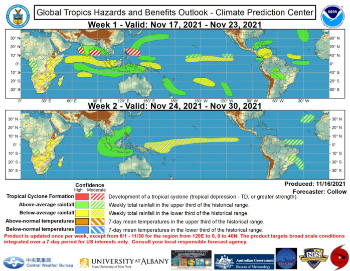 Global Tropics Hazards and Benefits Outlook Discussion Last Updated: 11.16.21 	Valid: 11.17.21 - 11.30.21 During the past week, the RMM-based MJO index shifted eastward to the Maritime Continent. Its magnitude has also increased slightly, and now lies near the edge of the RMM unit circle. Rather than a true emergence of an MJO, this signal is more likely tied to constructive interference between a convectively coupled Kelvin Wave and the low frequency enhanced convective state established across the Maritime Continent associated with La Nina. There is large ensemble spread in the GEFS and ECMWF regarding MJO propagation, with a mean consensus being a slight retrogression and weakening of the intraseasonal signal during the next two weeks. This evolution is consistent with La Nina and also indicated more clearly in the JMA ensembles, which show less variability compared to the GEFS and ECMWF ensembles.  Tropical cyclone (TC) activity has been generally quiet across the globe. The only new system in the past week was Tropical Cyclone 04B, which developed over the Bay of Bengal on 11/11 and impacted southern India. Although the system was weak, the heavy rainfall associated with this system exacerbated ongoing severe flooding across southern India and Sri Lanka. Given the enhanced convective mode across the region, additional rainfall is likely to continue over these areas with a slight northward shift in the heaviest rainfall forecast in the near term, with the highest accumulations favored over the states of Andhra Pradesh and Karnataka, and relatively drier conditions over Sri Lanka. There is moderate confidence in TC development across both the Bay of Bengal and the eastern Arabian Sea during the next week, with considerable ensemble support from the ECMWF and GEFS. Any potential system that develops over the Bay of Bengal would likely take a west to northwest track into India, further increasing flooding concerns.  Over the western Pacific, a moderate confidence for TC development is indicated across the Philippine Sea during week-1, with the potential system forecast to weaken as it approaches the northern Philippines. Subtropical development is also possible across the far north Atlantic, in the vicinity of the Azores, although confidence is too low to include an associated risk area on today’s graphic given the uncertainty and the time of year. No areas of TC development are highlighted during week-2 throughout the globe.  The precipitation outlook during the next two weeks is based on a consensus of GEFS, CFS, and ECMWF guidance. The most significant areas of heavy rainfall forecast during week-1 are over interior South America tied to a potential mesoscale convective system, the eastern half of Indonesia, situated underneath the enhanced low frequency convective signal, and as discussed previously, over southern India. A more tranquil pattern is forecast over South America by week-2, with only moderate confidence areas for heavy rainfall indicated over eastern Brazil and French Guiana. Heavy rain is favored to continue across southern India, in addition to much of the Maritime Continent associated with the persistence of the low frequency signal.  For hazardous weather concerns during the next two weeks across the U.S., please refer to your local NWS Forecast Office, the Weather Prediction Center's Medium Range Hazards Forecast, and CPC's Week-2 Hazards Outlook. Forecasts over Africa are made in consultation with the International Desk at CPC and can represent local-scale conditions in addition to global scale variability.  Product Release Information  The full Global Tropics Hazards and Benefits Outlook (GTH) is released once per week every Tuesday at 1730 UTC (1830 UTC when on standard time) including U.S. federal holidays. At the time of product release, there is a live briefing (available via webinar) open to all interested parties in which the latest conditions in the Tropics and the just released outlook and associated impacts are discussed. There is an opportunity to ask questions after the briefing and the briefings are available at the Live Briefing Archive and soon will be recorded.  CPC also issues an operational update of this product every Friday at 2 PM local Eastern Time to further support the NWS regions. The update only spans the release period from June 1 through November 30 and a region from 120E to the Prime Meridian in longitude and from the equator to 40N in latitude. The update does not extend the time horizon of the product, but rather applies for the remaining 4 days of the previous Week-1 time period and Days 5-11 from the previous Week-2 period. This page will depict both the original and updated outlook maps as well short text outlining the forecast rationale for any changes. NOAA. Global Tropics Hazards and Benefits Outlook Discussion Last Updated: 11.16.21 	Valid: 11.17.21 - 11.30.21 During the past week, the RMM-based MJO index shifted eastward to the Maritime Continent. Its magnitude has also increased slightly, and now lies near the edge of the RMM unit circle. Rather than a true emergence of an MJO, this signal is more likely tied to constructive interference between a convectively coupled Kelvin Wave and the low frequency enhanced convective state established across the Maritime Continent associated with La Nina. There is large ensemble spread in the GEFS and ECMWF regarding MJO propagation, with a mean consensus being a slight retrogression and weakening of the intraseasonal signal during the next two weeks. This evolution is consistent with La Nina and also indicated more clearly in the JMA ensembles, which show less variability compared to the GEFS and ECMWF ensembles.  Tropical cyclone (TC) activity has been generally quiet across the globe. The only new system in the past week was Tropical Cyclone 04B, which developed over the Bay of Bengal on 11/11 and impacted southern India. Although the system was weak, the heavy rainfall associated with this system exacerbated ongoing severe flooding across southern India and Sri Lanka. Given the enhanced convective mode across the region, additional rainfall is likely to continue over these areas with a slight northward shift in the heaviest rainfall forecast in the near term, with the highest accumulations favored over the states of Andhra Pradesh and Karnataka, and relatively drier conditions over Sri Lanka. There is moderate confidence in TC development across both the Bay of Bengal and the eastern Arabian Sea during the next week, with considerable ensemble support from the ECMWF and GEFS. Any potential system that develops over the Bay of Bengal would likely take a west to northwest track into India, further increasing flooding concerns.  Over the western Pacific, a moderate confidence for TC development is indicated across the Philippine Sea during week-1, with the potential system forecast to weaken as it approaches the northern Philippines. Subtropical development is also possible across the far north Atlantic, in the vicinity of the Azores, although confidence is too low to include an associated risk area on today’s graphic given the uncertainty and the time of year. No areas of TC development are highlighted during week-2 throughout the globe.  The precipitation outlook during the next two weeks is based on a consensus of GEFS, CFS, and ECMWF guidance. The most significant areas of heavy rainfall forecast during week-1 are over interior South America tied to a potential mesoscale convective system, the eastern half of Indonesia, situated underneath the enhanced low frequency convective signal, and as discussed previously, over southern India. A more tranquil pattern is forecast over South America by week-2, with only moderate confidence areas for heavy rainfall indicated over eastern Brazil and French Guiana. Heavy rain is favored to continue across southern India, in addition to much of the Maritime Continent associated with the persistence of the low frequency signal.  For hazardous weather concerns during the next two weeks across the U.S., please refer to your local NWS Forecast Office, the Weather Prediction Center's Medium Range Hazards Forecast, and CPC's Week-2 Hazards Outlook. Forecasts over Africa are made in consultation with the International Desk at CPC and can represent local-scale conditions in addition to global scale variability.  Product Release Information  The full Global Tropics Hazards and Benefits Outlook (GTH) is released once per week every Tuesday at 1730 UTC (1830 UTC when on standard time) including U.S. federal holidays. At the time of product release, there is a live briefing (available via webinar) open to all interested parties in which the latest conditions in the Tropics and the just released outlook and associated impacts are discussed. There is an opportunity to ask questions after the briefing and the briefings are available at the Live Briefing Archive and soon will be recorded.  CPC also issues an operational update of this product every Friday at 2 PM local Eastern Time to further support the NWS regions. The update only spans the release period from June 1 through November 30 and a region from 120E to the Prime Meridian in longitude and from the equator to 40N in latitude. The update does not extend the time horizon of the product, but rather applies for the remaining 4 days of the previous Week-1 time period and Days 5-11 from the previous Week-2 period. This page will depict both the original and updated outlook maps as well short text outlining the forecast rationale for any changes. NOAA.