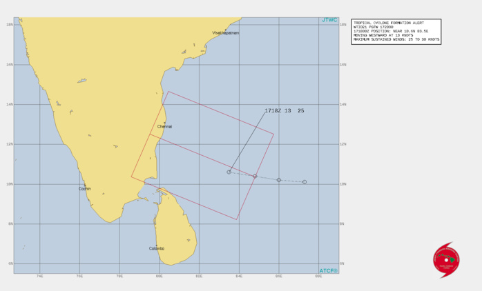 THE AREA OF CONVECTION (INVEST 92B) PREVIOUSLY LOCATED NEAR 10.6N 83.5E IS NOW LOCATED NEAR 10.6N 83.5E, APPROXIMATELY 450 KM SOUTHEAST OF CHENNAI, INDIA. ANIMATED ENHANCED INFRARED SATELLITE IMAGERY AND A 171614Z MHS 89GHZ MICROWAVE IMAGE DEPICT A CONSOLIDATING SYSTEM WITH IMPROVED DEEP CONVECTIVE BANDING OVER THE WESTERN SEMICIRCLE WRAPPING INTO A DISTINCT LLCC. A 171630Z ASCAT-B IMAGE INDICATES AN ELONGATED, DEFINED CIRCULATION WITH 25-30 KNOT WINDS OVER THE WESTERN SEMICIRCLE AND 20-25 KTS OVER THE EASTERN SEMICIRCLE. ENVIRONMENTAL CONDITIONS ARE MARGINALLY-FAVORABLE WITH MODERATE (15-20 KNOTS) EASTERLY VERTICAL WIND SHEAR OFFSET SOMEWHAT BY STRONG DIFFLUENCE ALOFT. GLOBAL MODELS INDICATE A WEST- NORTHWESTWARD TRACK WITH GRADUAL DEVELOPMENT AS THE SYSTEM APPROACHES THE SOUTHEASTERN COAST OF INDIA. MAXIMUM SUSTAINED SURFACE WINDS ARE ESTIMATED AT 25 TO 30 KNOTS. MINIMUM SEA LEVEL PRESSURE IS ESTIMATED TO BE NEAR 1004 MB. THE POTENTIAL FOR THE DEVELOPMENT OF A SIGNIFICANT TROPICAL CYCLONE WITHIN THE NEXT 24 HOURS IS UPGRADED TO HIGH. THE AREA OF CONVECTION (INVEST 92B) PREVIOUSLY LOCATED NEAR 10.6N 83.5E IS NOW LOCATED NEAR 10.6N 83.5E, APPROXIMATELY 450 KM SOUTHEAST OF CHENNAI, INDIA. ANIMATED ENHANCED INFRARED SATELLITE IMAGERY AND A 171614Z MHS 89GHZ MICROWAVE IMAGE DEPICT A CONSOLIDATING SYSTEM WITH IMPROVED DEEP CONVECTIVE BANDING OVER THE WESTERN SEMICIRCLE WRAPPING INTO A DISTINCT LLCC. A 171630Z ASCAT-B IMAGE INDICATES AN ELONGATED, DEFINED CIRCULATION WITH 25-30 KNOT WINDS OVER THE WESTERN SEMICIRCLE AND 20-25 KTS OVER THE EASTERN SEMICIRCLE. ENVIRONMENTAL CONDITIONS ARE MARGINALLY-FAVORABLE WITH MODERATE (15-20 KNOTS) EASTERLY VERTICAL WIND SHEAR OFFSET SOMEWHAT BY STRONG DIFFLUENCE ALOFT. GLOBAL MODELS INDICATE A WEST- NORTHWESTWARD TRACK WITH GRADUAL DEVELOPMENT AS THE SYSTEM APPROACHES THE SOUTHEASTERN COAST OF INDIA. MAXIMUM SUSTAINED SURFACE WINDS ARE ESTIMATED AT 25 TO 30 KNOTS. MINIMUM SEA LEVEL PRESSURE IS ESTIMATED TO BE NEAR 1004 MB. THE POTENTIAL FOR THE DEVELOPMENT OF A SIGNIFICANT TROPICAL CYCLONE WITHIN THE NEXT 24 HOURS IS UPGRADED TO HIGH.