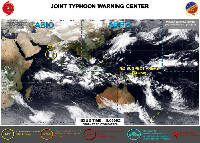 Invest 92B now over-land whereas Invest 93A is low for the next 24hours, 19/08utc