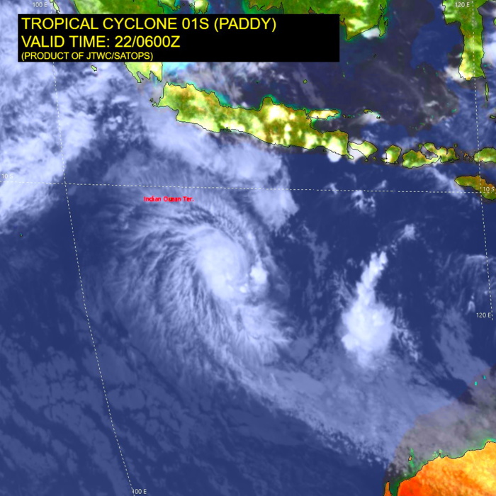 SATELLITE ANALYSIS, INITIAL POSITION AND INTENSITY DISCUSSION: ANIMATED MULTISPECTRAL SATELLITE IMAGERY (MSI) DEPICTS AN AREA OF DEEP, FLARING CONVECTION WITH SLIGHTLY FRAGMENTED BANDING WRAPPING INTO AN ASSESSED LOW LEVEL CIRCULATION CENTER (LLCC). A 220153Z  ASCAT-B PASS INDICATES 35 KNOT WINDS SURROUNDING THE LLCC WITHIN 90  KM. TC PADDY IS IN A FAVORABLE ENVIRONMENT WITH GOOD POLEWARD  OUTFLOW ALOFT, LOW (10-15 KTS) VERTICAL WIND SHEAR (VWS), AND WARM  (28-29 C) SEA SURFACE TEMPERATURES (SST). THE INITIAL POSITION AND  INTENSITY ARE BOTH PLACED WITH HIGH CONFIDENCE BASED OFF THE  AFOREMENTIONED MSI AND ASCAT DATA.