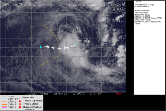 SATELLITE ANALYSIS, INITIAL POSITION AND INTENSITY DISCUSSION: ANIMATED MULTISPECTRAL SATELLITE IMAGERY DEPICTS PERSISTENT DEEP  CONVECTION OVER A PARTIALLY-EXPOSED LOW-LEVEL CIRCULATION (LLC). A  230627Z AMSR2 89GHZ COLOR COMPOSITE MICROWAVE IMAGE INDICATES SHALLOW  BANDING WRAPPING INTO A BROAD CENTER POSITIONED ON THE NORTHERN EDGE OF  A CURVED CONVECTIVE BAND, THEREFORE, THERE IS MEDIUM CONFIDENCE IN THE  INITIAL POSITION. THE INITIAL INTENSITY REMAINS ASSESSED AT 40 KNOTS  AND IS HEDGED ABOVE THE PGTW AND APRF DVORAK CURRENT INTENSITY  ESTIMATES BASED ON THE CIMSS ADT ESTIMATE. ENVIRONMENTAL CONDITIONS  REMAIN MARGINALLY FAVORABLE WITH ROBUST POLEWARD OUTFLOW AND LOW  VERTICAL WIND SHEAR OFFSET BY MID-LEVEL DRY AIR ENTRAINMENT. SEA  SURFACE TEMPERATURES ARE CONDUCIVE AT 26-27C.