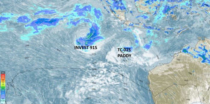 TC 01S(PADDY) slowly moving westward/ Invest 91S now on the map, 24/03utc