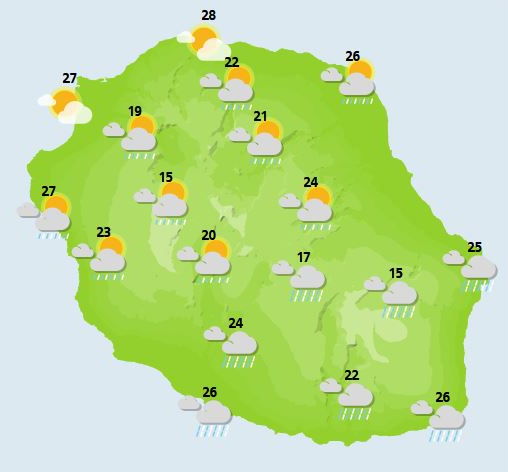 NUIT DU VENDREDI 26 au SAMEDI 27  Si le Nord de l'île retrouve des conditions paisibles sous un ciel peu nuageux, il n'en est pas de même pour le Sud. En effet, au Sud d'une ligne Saint-Leu/Sainte-Rose, les pluies et averses sont fréquentes et durables en première partie de nuit.  Elles s'atténuent en seconde partie de nuit, exception faîte des flancs Sud du volcan dans les hauts de Saint-Philippe et de Saint-Joseph où ces précipitations perdurent.  Sur la façade Ouest, le vent de secteur Sud s'établit temporairement en première partie de nuit avec des rafales de 40 à 50 km/h de la Pointe de la Table à la Pointe des Aigrettes en passant par Saint-Pierre avant le retour des brises en seconde partie de nuit. La houle de Sud-Sud-Ouest n'évolue guère, restant légèrement supérieure à 2 mètres.  SAMEDI 27  Le temps est très maussade sur le département. La nébulosité est importante et le ciel est souvent pluvieux. En cours d'après-midi, les averses s'intensifient et deviennent localement orageuses notamment sur le sud-est de notre île.   Le vent est faible de Nord dominant en matinée, puis un vent de secteur Sud s'établit en fin de journée, il devient modéré sur les côtes ouest.  La mer est agitée à forte dans l'ouest avec une houle de sud-sud-ouest de 2 mètres.