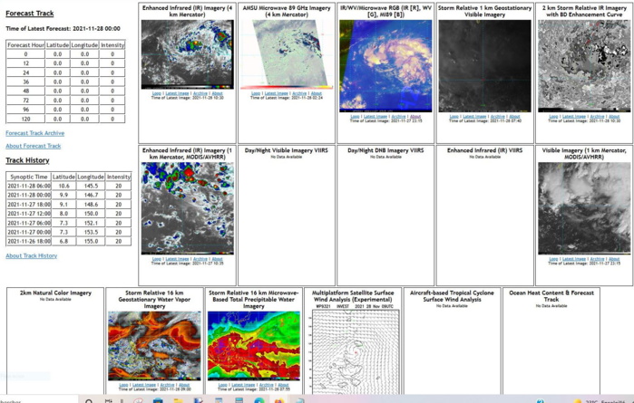 ANIMATED MULTISPECTRAL SATELLITE IMAGERY  AND A 272101Z SSMIS 91GHZ MICROWAVE IMAGE SHOW A DISJOINTED PATCH OF  CONVECTION ON THE NORTHERN PERIPHERY OF A TROPICAL WAVE. A PARTIAL  2341Z ACSAT-B IMAGE REVEALS 15-20KT WINDS NORTH OF THE WAVE CUSP  WHILE ASLO REVEALING SHARP CYCLONIC TURNING TO THE WEST OF THE WAVE  AXIS. THERE IS ALSO SOME WEAK RETURN FLOW EVIDENT IN ANIMATED  VISIBLE IMAGERY AND AS OF YET THERE IS NO CLEAR LOW LEVEL  CIRCULATION (LLC).