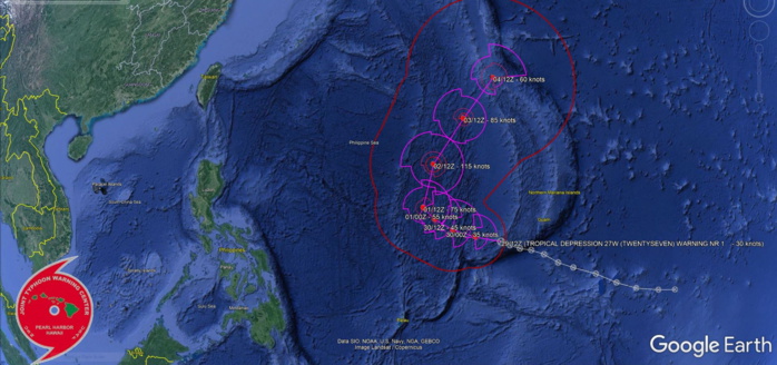 3. FORECAST REASONING.  SIGNIFICANT FORECAST CHANGES: THIS INITIAL PROGNOSTIC REASONING MESSAGE ESTABLISHES THE FORECAST PHILOSOPHY.  FORECAST DISCUSSION: TD 27W IS FORECAST TO TRACK WEST-NORTHWESTWARD THROUGH 36H UNDER THE STEERING INFLUENCE OF THE SUBTROPICAL RIDGE(STR) POSITIONED TO THE NORTH. AFTER 36H, A DEEP MIDLATITUDE TROUGH IS FORECAST TO DIG INTO THE EAST CHINA SEA, WHICH WILL WEAKEN THE STR AND REALIGN THE STR TO A MORE POLEWARD CONFIGURATION. AS THE SYSTEM TURNS MORE POLEWARD BETWEEN 36H TO 48H IT IS EXPECTED TO SLOW AS IT ENCOUNTERS A STRONG NORTHEAST SURGE EVENT. THEN GRADUALLY ACCELERATE NORTH-NORTHEASTWARD AS THE SURGE EVENT WEAKENS BY  72H. RAPID INTENSIFICATION IS ANTICIPATED AFTER 48H DUE TO STRONG POLEWARD OUTFLOW INTO THE AFOREMENTION MIDLATITUDE TROUGH. THE SYSTEM SHOULD PEAK AT 115 KNOTS/CAT 4 BY 72H DUE TO VERY FAVORABLE ENVIRONMENTAL CONDITIONS. AFTER 72H, TD 27W WILL TRACK NORTH-NORTHEASTWARD AS IT TRACKS ALONG THE WESTERN PERIPHERY OF THE STR THROUGH 120H. AFTER 72H, STEADY WEAKENING WILL OCCUR AS VERTICAL WIND SHEAR INCREASES TO 25 TO 30 KNOTS.