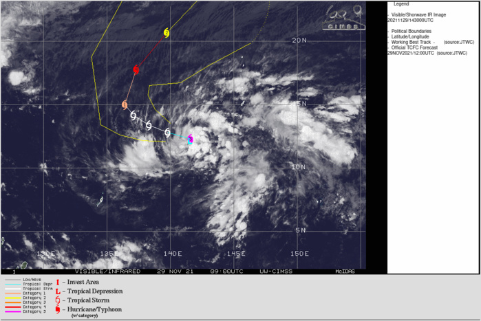 SATELLITE ANALYSIS, INITIAL POSITION AND INTENSITY DISCUSSION: ANIMATED ENHANCED INFRARED (EIR) SATELLITE IMAGERY DEPICTS A CONSOLIDATING SYSTEM WITH IMPROVED CONVECTIVE BANDING WRAPPING INTO A RAGGED LOW-LEVEL CIRCULATION CENTER. UNFORTUNATELY, THERE IS NO USEFUL MICROWAVE IMAGERY OR SCATTEROMETRY IMAGERY AVAILABLE, THEREFORE, THE INITIAL POSITION IS PLACED WITH MEDIUM CONFIDENCE. THE INITIAL INTENSITY OF 30 KTS IS ASSESSED WITH HIGH CONFIDENCE AND IS HEDGED ABOVE THE PGTW AND KNES DVORAK ESTIMATES. WITH THE EXCEPTION OF THE EASTERN QUADRANT, OUTFLOW IS VIGOROUS WITH POLEWARD OUTFLOW ENHANCED BY STRONG WESTERLY FLOW TO THE NORTH. ADDITIONALLY, VERTICAL WIND SHEAR IS LOW.