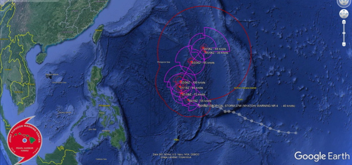 FORECAST REASONING.  SIGNIFICANT FORECAST CHANGES: THERE ARE NO SIGNIFICANT CHANGES TO THE FORECAST FROM THE PREVIOUS WARNING.  FORECAST DISCUSSION: TROPICAL STORM 27W WILL TRACK NORTHWESTWARD OVER THE NEXT 24 HOURS BEFORE BEGINNING A MORE NORTHWARD TRACK AS IT ROUNDS THE SUBTROPICAL RIDGE AXIS FROM 36H TO 48H. AFTER 48H, THE SYSTEM WILL BEGIN TO ACCELERATE NORTHEASTWARD UNDER THE INFLUENCE OF A DEEP MID-LATITUDE TROUGH PASSING TO THE NORTH. DUE TO INCREASINGLY ROBUST OUTFLOW PAIRED WITH HIGHLY FAVORABLE OCEAN HEAT CONTENT AND LOW VERTICAL WIND SHEAR, TS 27W WILL UNDERGO A PERIOD OF RAPID INTENSIFICATION FROM 06H TO 48H. THE CURRENT FORECAST PEAKS THE INTENSITY AT 100 KNOTS/CAT 3 AT 48H, BUT IT IS LIKELY TO REACH 110 KNOTS/CAT 3 SOMETIME AROUND 60H BEFORE INCREASING VERTICAL WIND SHEAR FROM THE MID-LATITUDE TROUGH TO THE NORTH BEGINS TO WEAKEN THE SYSTEM TO 95 KNOTS/CAT 2 BY 72H. IN ADDITION TO WEAKENING THE SYSTEM, THE VERTICAL WIND SHEAR FROM THE MID-LATITUDE TROUGH IS EXPECTED INITIATE A DECOUPLING PROCESS OF THE CIRCULATION. THIS IS  EXPECTED TO OCCUR AFTER 96H WITH THE REMAINING LOW LEVEL  CIRCULATION, NOW UNDER THE INFLUENCE OF LOW LEVEL STEERING FEATURES,  BEING DRIVEN SOUTHWESTWARD.