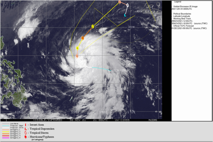 SATELLITE ANALYSIS, INITIAL POSITION AND INTENSITY DISCUSSION: ANIMATED VISUAL IMAGERY OVER THE PAST SIX HOURS SHOWS INTENSE BURSTS OF CONVECTION AND TIGHTENING AROUND THE CORE OF THE STORM. ALTHOUGH NO EYE IS PRESENT YET, AN ARC OF ESPECIALLY DEEP CONVECTIVE BANDING IS NOW EXTENDING FROM THE NORTHWEST QUADRANT ALL THE WAY AROUND TO THE SOUTHEASTERN QUADRANT. CONVECTIVE BURSTS ARE ALSO OBSERVABLE DIRECTLY OVER THE CORE. THE EFFECTS OF DRY AIR ENTRAINMENT MAY ALREADY BE WORKING ON THE SYSTEM, AS A DRY SLOT SURGING FROM THE NORTHERLIES WEST OF THE STORM IS BEGINNING TO WRAP ALL THE WAY AROUND THE CORE AND INTO THE NORTHWESTERN QUADRANT, CREATING SEPARATION BETWEEN THE CORE AND THE BANDING THAT WILL LIKELY BECOME THE EYEWALL. TROPICAL CYCLONE NYATOH IS TRACKING THROUGH A NEARLY IDEAL ENVIRONMENT FOR INTENSIFICATION, WITH EXCEPTIONALLY HIGH OCEAN HEAT CONTENT (OHC) AND LOW VERTICAL WINDSHEAR (VWS). ANIMATED WATER VAPOR IMAGERY SHOWS A BLOOM OF OUTFLOW IN ALL DIRECTIONS THAT BEGAN ABOUT TWELVE HOURS AGO AND CONTINUES TO EXPAND, APPEARING AS A ZONE OF ANTICYCLONIC EXHAUST THAT EXTENDS OVER 10 DEGREES OF LATITUDE. BOTH OBJECTIVE AND SUBJECTIVE DVORAKS ARE COMING INTO ALIGNMENT, AND THE CURRENT INTENSITY ASSESSMENT IS BARELY ON THE HIGH SIDE OF A CONSENSUS OF  AGENCY DVORAKS, ADT, AND SATCON. THE SYSTEM IS ENTERING THE ZONE OF  MAXIMUM INTENSIFICATION, BEGINNING A POLEWARD BEND AS IT ROUNDS THE SUBTROPICAL RIDGE.