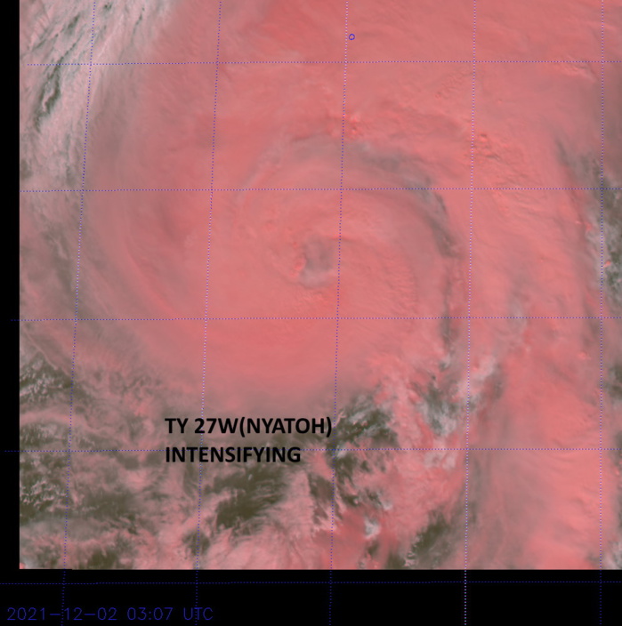 SATELLITE ANALYSIS, INITIAL POSITION AND INTENSITY DISCUSSION: ANIMATED MULTISPECTRAL SATELLITE IMAGERY (MSI) SHOWS THAT TY NYATOH CONTINUES TO VALIANTLY IN AN ATTEMPT TO ESTABLISH AN EYE. OVER THE PAST SIX HOURS, A TRANSIT, RAGGED EYE HAS BRIEFLY BEEN EVIDENT IN THE MSI AND INFRARED IMAGERY, BUT HAS FAILED TO PERSIST FOR MORE THAN AN HOUR OR SO. VORTICAL HOT TOWERS (VHT) WITH CLOUD TOPS COLDER THAN (-90C) CONTINUE TO FLARE UP ALONG THE WESTERN AND SOUTHERN PERIPHERY OF THE CENTER, PROVIDING STRONG INDICATIONS THAT THE APPEARANCE OF THE EYE MAY BE IMMINENT. THE INITIAL POSITION IS ASSESSED WITH HIGH CONFIDENCE BASED ON THE NASCENT EYE FEATURE SEEN IN THE 0000Z MSI AND IR IMAGERY, THOUGH SUBSEQUENT IMAGERY SUGGESTS THE EYE FEATURE HAS ONCE AGAIN DEGRADED. THE INITIAL INTENSITY OF 80 KNOTS IS ASSESSED WITH MEDIUM CONFIDENCE, CONSISTENT WITH THE AVERAGE OF AGENCY CURRENT INTENSITY ESTIMATES BETWEEN T3.5 AND T5.0. OF NOTE, THE ADT CONTINUES TO USE THE UNIFORM CDO SCENE TYPE, LEADING TO AN UNREALISTICALLY LOW ESTIMATE, WHICH IS ALSO DRAGGING DOWN THE SATCON ESTIMATE, BOTH OF WHICH HAVE BEEN DISREGARDED IN THIS ANALYSIS. THE SYSTEM IS TRACKING NORTHWARD ALONG THE WESTERN PERIPHERY OF A DEEP-LAYER SUBTROPICAL RIDGE (STR), THROUGH A FAVORABLE ENVIRONMENT. SATELLITE ANALYSIS, INITIAL POSITION AND INTENSITY DISCUSSION: ANIMATED MULTISPECTRAL SATELLITE IMAGERY (MSI) SHOWS THAT TY NYATOH CONTINUES TO VALIANTLY IN AN ATTEMPT TO ESTABLISH AN EYE. OVER THE PAST SIX HOURS, A TRANSIT, RAGGED EYE HAS BRIEFLY BEEN EVIDENT IN THE MSI AND INFRARED IMAGERY, BUT HAS FAILED TO PERSIST FOR MORE THAN AN HOUR OR SO. VORTICAL HOT TOWERS (VHT) WITH CLOUD TOPS COLDER THAN (-90C) CONTINUE TO FLARE UP ALONG THE WESTERN AND SOUTHERN PERIPHERY OF THE CENTER, PROVIDING STRONG INDICATIONS THAT THE APPEARANCE OF THE EYE MAY BE IMMINENT. THE INITIAL POSITION IS ASSESSED WITH HIGH CONFIDENCE BASED ON THE NASCENT EYE FEATURE SEEN IN THE 0000Z MSI AND IR IMAGERY, THOUGH SUBSEQUENT IMAGERY SUGGESTS THE EYE FEATURE HAS ONCE AGAIN DEGRADED. THE INITIAL INTENSITY OF 80 KNOTS IS ASSESSED WITH MEDIUM CONFIDENCE, CONSISTENT WITH THE AVERAGE OF AGENCY CURRENT INTENSITY ESTIMATES BETWEEN T3.5 AND T5.0. OF NOTE, THE ADT CONTINUES TO USE THE UNIFORM CDO SCENE TYPE, LEADING TO AN UNREALISTICALLY LOW ESTIMATE, WHICH IS ALSO DRAGGING DOWN THE SATCON ESTIMATE, BOTH OF WHICH HAVE BEEN DISREGARDED IN THIS ANALYSIS. THE SYSTEM IS TRACKING NORTHWARD ALONG THE WESTERN PERIPHERY OF A DEEP-LAYER SUBTROPICAL RIDGE (STR), THROUGH A FAVORABLE ENVIRONMENT.