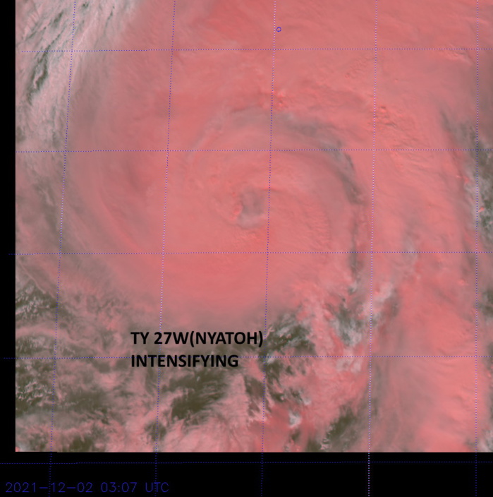 SATELLITE ANALYSIS, INITIAL POSITION AND INTENSITY DISCUSSION: ANIMATED MULTISPECTRAL SATELLITE IMAGERY (MSI) SHOWS THAT TY NYATOH CONTINUES TO VALIANTLY IN AN ATTEMPT TO ESTABLISH AN EYE. OVER THE PAST SIX HOURS, A TRANSIT, RAGGED EYE HAS BRIEFLY BEEN EVIDENT IN THE MSI AND INFRARED IMAGERY, BUT HAS FAILED TO PERSIST FOR MORE THAN AN HOUR OR SO. VORTICAL HOT TOWERS (VHT) WITH CLOUD TOPS COLDER THAN (-90C) CONTINUE TO FLARE UP ALONG THE WESTERN AND SOUTHERN PERIPHERY OF THE CENTER, PROVIDING STRONG INDICATIONS THAT THE APPEARANCE OF THE EYE MAY BE IMMINENT. THE INITIAL POSITION IS ASSESSED WITH HIGH CONFIDENCE BASED ON THE NASCENT EYE FEATURE SEEN IN THE 0000Z MSI AND IR IMAGERY, THOUGH SUBSEQUENT IMAGERY SUGGESTS THE EYE FEATURE HAS ONCE AGAIN DEGRADED. THE INITIAL INTENSITY OF 80 KNOTS IS ASSESSED WITH MEDIUM CONFIDENCE, CONSISTENT WITH THE AVERAGE OF AGENCY CURRENT INTENSITY ESTIMATES BETWEEN T3.5 AND T5.0. OF NOTE, THE ADT CONTINUES TO USE THE UNIFORM CDO SCENE TYPE, LEADING TO AN UNREALISTICALLY LOW ESTIMATE, WHICH IS ALSO DRAGGING DOWN THE SATCON ESTIMATE, BOTH OF WHICH HAVE BEEN DISREGARDED IN THIS ANALYSIS. THE SYSTEM IS TRACKING NORTHWARD ALONG THE WESTERN PERIPHERY OF A DEEP-LAYER SUBTROPICAL RIDGE (STR), THROUGH A FAVORABLE ENVIRONMENT.