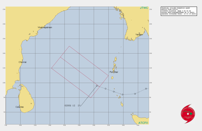 THE AREA OF CONVECTION (INVEST 94W) PREVIOUSLY LOCATED  NEAR 9.2N 91.6E IS NOW LOCATED NEAR 9.6N 90.4E, APPROXIMATELY 1164KM  EAST-SOUTHEAST OF CHENNAI, INDIA. A 2230Z SSMIS 91HZ IMAGE DEPICTS  DISORGANIZED CONVECTIVE BANDS ON THE NORTHWESTERN BOUNDARY OF SOME  LOW LEVEL TURNING WHILE MORE RECENT ANIMATED MULTISPECTRAL IMAGERY  REVEALS A MASS OF CONVECTION CONSOLIDATING OVER AN OBSCURED LOW  LEVEL CIRCULATION. 94W IS AT THE LIMINAL POINT OF ITS MATURATION,  CURRENTLY EXISTING IN A BOUNDARY LAYER OF MODERATE (20 KTS) TO LOW  (05-10 KTS) VERTICAL WIND SHEAR (VWS) AND AS IT CONTINUES NORTHWEST  ACROSS THE BAY OF BENGAL 94W WILL ENTER A POCKET OF LOW VWS.  ACCOUNTING FOR THAT, THE EXCELLENT POLEWARD OUTFLOW, AND WARM SEA  SURFACE TEMPERATURES (29-30 C) 94W WILL ENTER AN ENVIRONMENT  FAVORABLE FOR TC DEVELOPMENT. DYNAMIC MODELS SUGGEST 94W WILL REACH  THE 35KT WARNING THRESHOLD, HOWEVER FURTHER DEVELOPMENT IS  LACKADAISICAL AS THE SYSTEM TRACKS WEST-NORTHWEST TOWARD INDIA.  MAXIMUM SUSTAINED SURFACE WINDS ARE ESTIMATED AT 20 TO 25 KNOTS.  MINIMUM SEA LEVEL PRESSURE IS ESTIMATED TO BE NEAR 1004 MB. THE  POTENTIAL FOR THE DEVELOPMENT OF A SIGNIFICANT TROPICAL CYCLONE  WITHIN THE NEXT 24 HOURS IS HIGH.