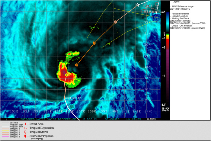 SATELLITE ANALYSIS, INITIAL POSITION AND INTENSITY DISCUSSION: TY 27W HAS RAPIDLY INTENSIFIED 35 KNOTS OVER THE PAST 24 HOURS FROM 65 KNOTS TO THE INITIAL INTENSITY OF 100 KNOTS. ANIMATED ENHANCED INFRARED SATELLITE IMAGERY (EIR) CONTINUES TO INDICATE RAPID CONSOLIDATION WITH A PARTIALLY CLOUD-FILLED, RAGGED EYE EVIDENT WITH INTENSE CORE CONVECTION. A 021242Z METOP-B MHS 89GHZ MICROWAVE IMAGE INDICATES A 65-75KM DIAMETER MICROWAVE EYE FEATURE, WHICH SUPPORTS THE INITIAL POSITION WITH HIGH CONFIDENCE. THE COINCIDENT 021240Z EIR IMAGE INDICATES THE PARTIAL EYE FEATURE IS ROTATING CYCLONICALLY WITHIN THIS LARGER EYE. DVORAK INTENSITY ESTIMATES HAVE JUMPED AS HIGH AS T6.0 (115 KNOTS) WITH DATA-T ESTIMATES UP TO 6.5 (127 KNOTS). ADT ESTIMATES AT 021210Z WERE AT 5.5 (102 KNOTS) SUPPORTING THE INITIAL INTENSITY ASSESSMENT OF 100 KNOTS BUT HAVE INCREASED QUICKLY TO 6.1 (117 KNOTS) AT 021340Z. BASED ON THE RAPID INTENSIFICATION AND INCREASE IN DVORAK ESTIMATES AND ADT ESTIMATES, THERE IS MEDIUM CONFIDENCE IN THE INITIAL INTENSITY ESTIMATE. UPPER-LEVEL OUTFLOW REMAINS ROBUST WITH A STRONG POLEWARD OUTFLOW CHANNEL. HOWEVER, VERTICAL WIND SHEAR (VWS) VALUES HAVE INCREASED TO 20-25 KNOTS WITH SIGNIFICANT DRY AIR PRESENT OVER THE WESTERN SEMICIRCLE.