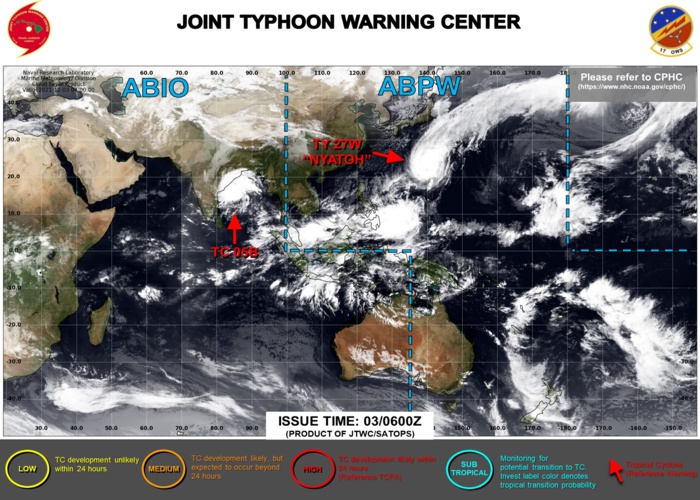 TY 27W(NYATOH): deep convection being blown away// TC 05B(JAWAD) expected to intensify a bit next 24hours, 03/15utc TY 27W(NYATOH): deep convection being blown away// TC 05B(JAWAD) expected to intensify a bit next 24hours, 03/15utc