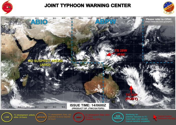 JTWC IS ISSUING 6HOURLY WARNINGS AND 3HOURLY SATELLITE BULLETINS ON 28W(RAI) AND 03P(RUBY). JTWC IS ISSUING 6HOURLY WARNINGS AND 3HOURLY SATELLITE BULLETINS ON 28W(RAI) AND 03P(RUBY).