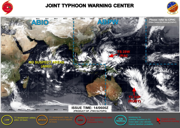 JTWC IS ISSUING 6HOURLY WARNINGS AND 3HOURLY SATELLITE BULLETINS ON 28W(RAI) AND 03P(RUBY).