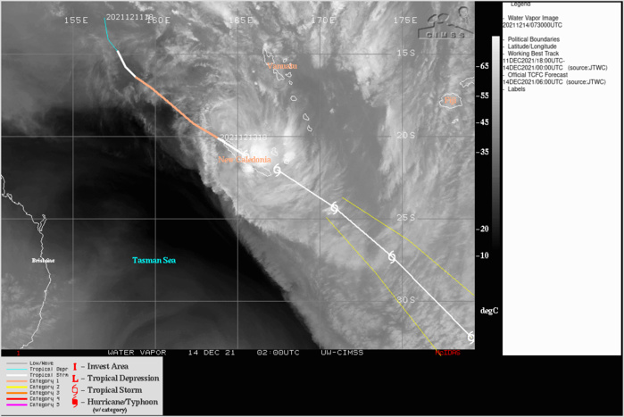 SATELLITE ANALYSIS, INITIAL POSITION AND INTENSITY DISCUSSION: ANIMATED MULTISPECTRAL SATELLITE IMAGERY (MSI) DEPICTS THE SYSTEM HAS BECOME RAGGED AFTER IT TRACKED ACROSS NEW CALEDONIA WITH THE MAIN CONVECTION OFFSET EASTWARD OF THE LOW LEVEL CIRCULATION. THE INITIAL POSITION IS PLACED WITH HIGH CONFIDENCE BASED ON A COMPOSITE RADAR LOOP. THE INITIAL INTENSITY OF 45KTS IS BASED ON THE DVORAK ESTIMATES FROM PGTW AND KNES AND REFLECTS THE WEAKENED STATE. ANALYSIS INDICATES A MARGINALLY FAVORABLE ENVIRONMENT WITH STRONG VWS, COOL SST, AND DRY AIR ENTRAINMENT OFFSET BY STRONG POLEWARD OUTFLOW. THE CYCLONE IS TRACKING ALONG THE SOUTHWEST PERIPHERY OF THE STR TO THE NORTHEAST.