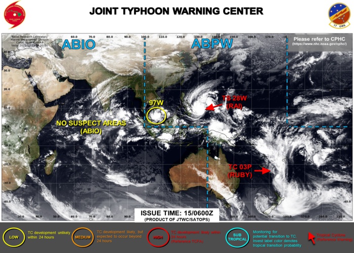JTWC IS ISSUING 6HOURLY WARNINGS ON 28W(RAI). 6HOURLY WARNINGS WERE TERMINATED ON 03P(RUBY) AT 14/21UTC. 3HOURLY SATELLITE BULLETINS ARE ISSUED ON BOTH SYSTEMS. INVEST 97W IS NOW THE MAP. SEE DETAILS DOWN BELOW. JTWC IS ISSUING 6HOURLY WARNINGS ON 28W(RAI). 6HOURLY WARNINGS WERE TERMINATED ON 03P(RUBY) AT 14/21UTC. 3HOURLY SATELLITE BULLETINS ARE ISSUED ON BOTH SYSTEMS. INVEST 97W IS NOW THE MAP. SEE DETAILS DOWN BELOW.
