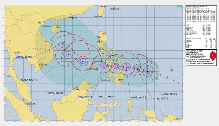 FORECAST REASONING.  SIGNIFICANT FORECAST CHANGES: THERE ARE NO SIGNIFICANT CHANGES TO THE FORECAST FROM THE PREVIOUS WARNING.  FORECAST DISCUSSION: TY RAI WILL CONTINUE ON ITS CURRENT TRACK, MAKING LANDFALL OVER SURIGAO, PHILIPPINES, JUST AFTER 24H, TRACK ACROSS THE ARCHIPELAGO, AND EXIT INTO THE SOUTH CHINA SEA (SCS) SHORTLY AFTER 48H. THE POSSIBILITY OF RAPID INTENSIFICATION REMAINS BEFORE LANDFALL WITH A PEAK INTENSITY SET AT 90 KTS/CAT 2 BY 24H. AFTERWARD, INTERACTION WITH THE PHILIPPINE ISLANDS WILL SLIGHTLY ERODE THE SYSTEM TO 85 KTS/CAT 2 AS IT EXITS INTO THE SCS. THE WARM SST IN THE SCS AND CONTINUED LOW VERTICAL WIND SHEAR (VWS), AND GOOD POLEWARD OUTFLOW WILL PROMOTE A PEAK OF 105 KTS/CAT 3 BY 96h. AFTERWARD, THE INFLUX OF COLD DRY AIR ASSOCIATED WITH A NORTHEASTERLY WIND SURGE IN THE SCS WILL BEGIN TO WEAKEN THE SYSTEM DOWN TO 90 KTS BY 120H. FORECAST REASONING.  SIGNIFICANT FORECAST CHANGES: THERE ARE NO SIGNIFICANT CHANGES TO THE FORECAST FROM THE PREVIOUS WARNING.  FORECAST DISCUSSION: TY RAI WILL CONTINUE ON ITS CURRENT TRACK, MAKING LANDFALL OVER SURIGAO, PHILIPPINES, JUST AFTER 24H, TRACK ACROSS THE ARCHIPELAGO, AND EXIT INTO THE SOUTH CHINA SEA (SCS) SHORTLY AFTER 48H. THE POSSIBILITY OF RAPID INTENSIFICATION REMAINS BEFORE LANDFALL WITH A PEAK INTENSITY SET AT 90 KTS/CAT 2 BY 24H. AFTERWARD, INTERACTION WITH THE PHILIPPINE ISLANDS WILL SLIGHTLY ERODE THE SYSTEM TO 85 KTS/CAT 2 AS IT EXITS INTO THE SCS. THE WARM SST IN THE SCS AND CONTINUED LOW VERTICAL WIND SHEAR (VWS), AND GOOD POLEWARD OUTFLOW WILL PROMOTE A PEAK OF 105 KTS/CAT 3 BY 96h. AFTERWARD, THE INFLUX OF COLD DRY AIR ASSOCIATED WITH A NORTHEASTERLY WIND SURGE IN THE SCS WILL BEGIN TO WEAKEN THE SYSTEM DOWN TO 90 KTS BY 120H.