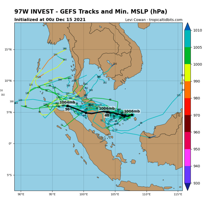AN AREA OF CONVECTION (INVEST 97W) HAS PERSISTED NEAR 5.9N  106.9E, APPROXIMATELY 540 KM NORTH OF HO CHI MINH, VIETNAM. ANIMATED  ENHANCED MULTISPECTRAL SATELLITE IMAGERY (MSI) AND A PARTIAL,  150000Z SSMIS 91GHZ MICROWAVE IMAGE DEPICT FLARING CONVECTIVE BANDS  WRAPPING INTO A CONSOLIDATED LOW LEVEL CIRCULATION CENTER (LLC).  ENVIRONMENTAL ANALYSIS INDICATES A MARGINALLY FAVORABLE ENVIRONMENT  WITH GOOD POLEWARD OUTFLOW, WARM (27-28C) SEA SURFACE TEMPURATURES,  OFFSET BY LOW-MODERATE (10-20KT) VERTICAL WIND SHEAR. GLOBAL MODELS  ARE IN AGREEMENT THAT INVEST 97W WILL PERSIST AND SLOWLY TRACK  WESTWARD OVER THE 72 HOURS.  MAXIMUM SUSTAINED SURFACE WINDS ARE  ESTIMATED AT 10 TO 15 KNOTS. MINIMUM SEA LEVEL PRESSURE IS ESTIMATED  TO BE NEAR 1010 MB. THE POTENTIAL FOR THE DEVELOPMENT OF A  SIGNIFICANT TROPICAL CYCLONE WITHIN THE NEXT 24 HOURS IS LOW. AN AREA OF CONVECTION (INVEST 97W) HAS PERSISTED NEAR 5.9N  106.9E, APPROXIMATELY 540 KM NORTH OF HO CHI MINH, VIETNAM. ANIMATED  ENHANCED MULTISPECTRAL SATELLITE IMAGERY (MSI) AND A PARTIAL,  150000Z SSMIS 91GHZ MICROWAVE IMAGE DEPICT FLARING CONVECTIVE BANDS  WRAPPING INTO A CONSOLIDATED LOW LEVEL CIRCULATION CENTER (LLC).  ENVIRONMENTAL ANALYSIS INDICATES A MARGINALLY FAVORABLE ENVIRONMENT  WITH GOOD POLEWARD OUTFLOW, WARM (27-28C) SEA SURFACE TEMPURATURES,  OFFSET BY LOW-MODERATE (10-20KT) VERTICAL WIND SHEAR. GLOBAL MODELS  ARE IN AGREEMENT THAT INVEST 97W WILL PERSIST AND SLOWLY TRACK  WESTWARD OVER THE 72 HOURS.  MAXIMUM SUSTAINED SURFACE WINDS ARE  ESTIMATED AT 10 TO 15 KNOTS. MINIMUM SEA LEVEL PRESSURE IS ESTIMATED  TO BE NEAR 1010 MB. THE POTENTIAL FOR THE DEVELOPMENT OF A  SIGNIFICANT TROPICAL CYCLONE WITHIN THE NEXT 24 HOURS IS LOW.