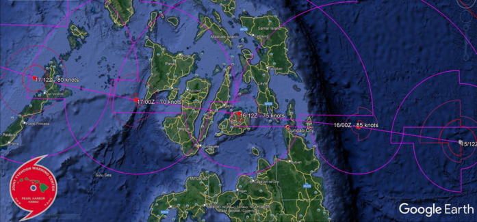 TY 28W(RAI) intensifying, landfall over Surigao/Philippines by 18H, then tracking across the archipelago, peak intensity forecast in 72H, 15/15utc