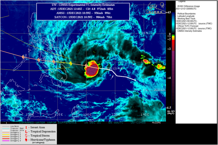 TY 28W(RAI) intensifying, landfall over Surigao/Philippines by 18H, then tracking across the archipelago, peak intensity forecast in 72H, 15/15utc TY 28W(RAI) intensifying, landfall over Surigao/Philippines by 18H, then tracking across the archipelago, peak intensity forecast in 72H, 15/15utc