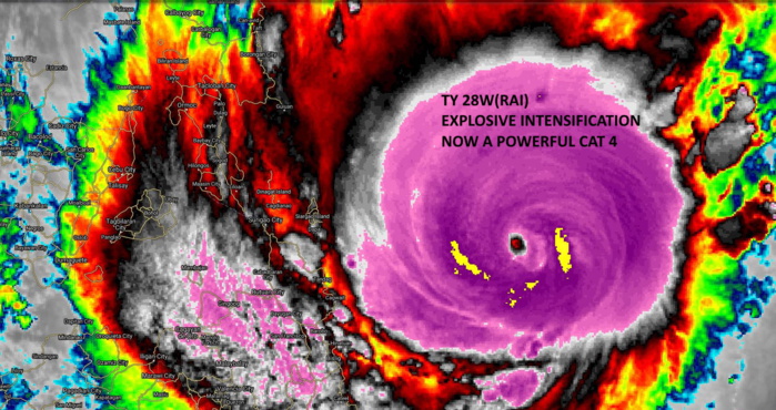SATELLITE ANALYSIS, INITIAL POSITION AND INTENSITY DISCUSSION: TY 28W HAS UNDERGONE A PERIOD OF EXTREMELY RAPID INTENSIFICATION OVER THE PAST SIX HOURS, WITH THE INITIAL INTENSITY INCREASING OVER 30 KNOTS IN THE SIX HOUR PERIOD BETWEEN 1200Z AND 1800Z. ANIMATED ENHANCED INFRARED (EIR) SATELLITE IMAGERY OVER THE PREVIOUS FEW HOURS SHOWS THE RAPID DEVELOPMENT OF A PINHOLE EYE APPROXIMATELY 13KM IN DIAMETER WITH DEEP CONVECTIVE TOWERS ROTATING UPSHEAR TO THE EAST OF THE EYE. 151626Z AMSR2 89GHZ AND 37GHZ MICROWAVE IMAGES SHOW THE VERY WELL DEFINED EYE, WHICH IS VERTICALLY STACKED WITH LITTLE TO NO TILT, INDICATING A VAST IMPROVEMENT FROM THE PREVIOUSLY TILTED CORE. THE INITIAL POSITION IS ASSESSED WITH HIGH CONFIDENCE BASED ON THE PINHOLE EYE IN BOTH THE EIR AND MICROWAVE DATA. MODERATE EASTERLY SHEAR, OF AROUND 10-15 KNOTS IS INDICATED BY THE SHARP UPSHEAR EDGE OF THE CONVECTIVE ENVELOPE AND CIRRUS SHIELD SEEN IN THE INFRARED AND MICROWAVE IMAGERY. HOWEVER THE CONVECTIVE TOWERS HAVING MOVED UPSHEAR HAVE SHELTERED THE CORE FROM THE EASTERLY SHEAR AND ENABLED THE RAPID INTENSIFICATION. THE INITIAL INTENSITY HAS BEEN INCREASED DRAMATICALLY, TO A CONSERVATIVE 115 KNOTS, CONSERVATIVE DUE TO THE EXTREMELY RAPID RATE OF INTENSIFICATION. AGENCY FIXES ARE BEING HELD BY CONSTRAINTS, BUT DATA-T NUMBERS ARE CLIMBING RAPIDLY, NOW EXCEEDING T7.0 IN SOME CASES. DUE TO THE SMALL EYE AND RAPIDLY DEVELOPING SITUATION, THE ADT IS SIGNIFICANTLY BEHIND, THOUGH SUBSEQUENT TO THE 2000Z HOUR IS BEGINNING TO PICK UP THE EYE, WITH RAW-T NUMBERS NOW ABOVE T7.0. THE ENVIRONMENT IS VERY FAVORABLE FOR CONTINUED DEVELOPMENT, WITH WARM (29-30C) SSTS AND ROBUST WESTWARD AND POLEWARD OUTFLOW. THE SYSTEM WILL ALSO PASS OVER A DEEP POOL OF WARM WATERS WITH HIGH OHC FROM NOW THROUGH LANDFALL IN THE PHILIPPINES. SATELLITE ANALYSIS, INITIAL POSITION AND INTENSITY DISCUSSION: TY 28W HAS UNDERGONE A PERIOD OF EXTREMELY RAPID INTENSIFICATION OVER THE PAST SIX HOURS, WITH THE INITIAL INTENSITY INCREASING OVER 30 KNOTS IN THE SIX HOUR PERIOD BETWEEN 1200Z AND 1800Z. ANIMATED ENHANCED INFRARED (EIR) SATELLITE IMAGERY OVER THE PREVIOUS FEW HOURS SHOWS THE RAPID DEVELOPMENT OF A PINHOLE EYE APPROXIMATELY 13KM IN DIAMETER WITH DEEP CONVECTIVE TOWERS ROTATING UPSHEAR TO THE EAST OF THE EYE. 151626Z AMSR2 89GHZ AND 37GHZ MICROWAVE IMAGES SHOW THE VERY WELL DEFINED EYE, WHICH IS VERTICALLY STACKED WITH LITTLE TO NO TILT, INDICATING A VAST IMPROVEMENT FROM THE PREVIOUSLY TILTED CORE. THE INITIAL POSITION IS ASSESSED WITH HIGH CONFIDENCE BASED ON THE PINHOLE EYE IN BOTH THE EIR AND MICROWAVE DATA. MODERATE EASTERLY SHEAR, OF AROUND 10-15 KNOTS IS INDICATED BY THE SHARP UPSHEAR EDGE OF THE CONVECTIVE ENVELOPE AND CIRRUS SHIELD SEEN IN THE INFRARED AND MICROWAVE IMAGERY. HOWEVER THE CONVECTIVE TOWERS HAVING MOVED UPSHEAR HAVE SHELTERED THE CORE FROM THE EASTERLY SHEAR AND ENABLED THE RAPID INTENSIFICATION. THE INITIAL INTENSITY HAS BEEN INCREASED DRAMATICALLY, TO A CONSERVATIVE 115 KNOTS, CONSERVATIVE DUE TO THE EXTREMELY RAPID RATE OF INTENSIFICATION. AGENCY FIXES ARE BEING HELD BY CONSTRAINTS, BUT DATA-T NUMBERS ARE CLIMBING RAPIDLY, NOW EXCEEDING T7.0 IN SOME CASES. DUE TO THE SMALL EYE AND RAPIDLY DEVELOPING SITUATION, THE ADT IS SIGNIFICANTLY BEHIND, THOUGH SUBSEQUENT TO THE 2000Z HOUR IS BEGINNING TO PICK UP THE EYE, WITH RAW-T NUMBERS NOW ABOVE T7.0. THE ENVIRONMENT IS VERY FAVORABLE FOR CONTINUED DEVELOPMENT, WITH WARM (29-30C) SSTS AND ROBUST WESTWARD AND POLEWARD OUTFLOW. THE SYSTEM WILL ALSO PASS OVER A DEEP POOL OF WARM WATERS WITH HIGH OHC FROM NOW THROUGH LANDFALL IN THE PHILIPPINES.