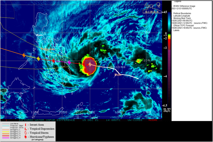 Typhoon 28W(RAI): extremely rapid intensification: now a powerful CAT 4, forecast to hit Surigao City as a formidable cyclone in 12/15hours,15/21utc Typhoon 28W(RAI): extremely rapid intensification: now a powerful CAT 4, forecast to hit Surigao City as a formidable cyclone in 12/15hours,15/21utc