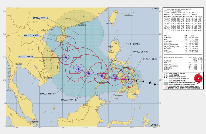 FORECAST REASONING. SIGNIFICANT FORECAST CHANGES: THERE ARE NO SIGNIFICANT CHANGES TO THE FORECAST FROM THE PREVIOUS WARNING. FORECAST DISCUSSION: TY 28W WILL CONTINUE TRACKING WEST-NORTHWEST OVER MULTIPLE PHILIPPINE ISLANDS AND THE ISLAND OF PALAWAN THROUGH THE NEXT 24 HOURS AND SLIGHTLY DECREASE INTENSITY AS IT INTERACTS WITH THE ISLANDS. HOWEVER, ONCE THE STORM MOVES WEST OF PALAWAN, IT WILL BEGIN TO TAP INTO A STRONGER POLEWARD OUTFLOW CHANNEL AND REACH A PEAK INTENSITY OF 105 KNOTS/CAT 3 BY 48H JUST AS IT BEGINS TO TURN NORTH. BY 72H TY RAI WILL ENCOUNTER A NORTHEAST SURGE, ROUND THE RIDGE AXIS AND INDUCT COLD AIR INTO THE SYSTEM. THE COLD DRY AIR AND HIGHER VWS WILL RAPIDLY ERODE THE CORE OF THE SYSTEM THROUGH THE END OF THE FORECAST PERIOD. FORECAST REASONING. SIGNIFICANT FORECAST CHANGES: THERE ARE NO SIGNIFICANT CHANGES TO THE FORECAST FROM THE PREVIOUS WARNING. FORECAST DISCUSSION: TY 28W WILL CONTINUE TRACKING WEST-NORTHWEST OVER MULTIPLE PHILIPPINE ISLANDS AND THE ISLAND OF PALAWAN THROUGH THE NEXT 24 HOURS AND SLIGHTLY DECREASE INTENSITY AS IT INTERACTS WITH THE ISLANDS. HOWEVER, ONCE THE STORM MOVES WEST OF PALAWAN, IT WILL BEGIN TO TAP INTO A STRONGER POLEWARD OUTFLOW CHANNEL AND REACH A PEAK INTENSITY OF 105 KNOTS/CAT 3 BY 48H JUST AS IT BEGINS TO TURN NORTH. BY 72H TY RAI WILL ENCOUNTER A NORTHEAST SURGE, ROUND THE RIDGE AXIS AND INDUCT COLD AIR INTO THE SYSTEM. THE COLD DRY AIR AND HIGHER VWS WILL RAPIDLY ERODE THE CORE OF THE SYSTEM THROUGH THE END OF THE FORECAST PERIOD.