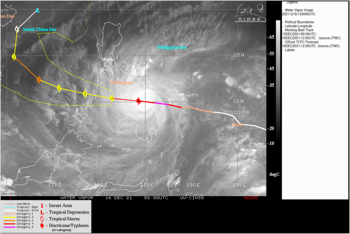 SATELLITE ANALYSIS, INITIAL POSITION AND INTENSITY DISCUSSION: ANIMATED ENHANCED INFRARED (EIR) SATELLITE IMAGERY DEPICTS AN EMBEDDED CENTER WITH A SLIGHTLY WEAKENING SYSTEM MOVING QUICKLY OVER MULTIPLE PHILIPPINE ISLANDS. THE INITIAL POSITION IS ASSESSED WITH MEDIUM CONFIDENCE BASED ON THE EMBEDDED CENTER AND A 161254Z ASCAT METOP-B 25KM IMAGE. THE INITIAL INTENSITY IS ASSESSED WITH LOW CONFIDENCE AT 115 KNOTS/CAT 4, BASED LOWER THAN THE ADVANCED DVORAK TECHNIQUE (ADT), WHICH IS HELD BY CONSTRAINTS OF 135 KNOTS, THE SATELLITE CONSENSUS (SATCON) OF 143 KNOTS, AND MULTIPLE AGENCY FIXES LISTED BELOW. THE ENVIRONMENT REMAINS FAVORABLE OVERALL, WITH VERY WARM SSTS, HIGH OHC, GOOD POLEWARD AND EQUATORWARD OUTFLOW, BEING SLIGHTLY OFFSET BY MODERATE TO STRONG EASTERLY VWS.