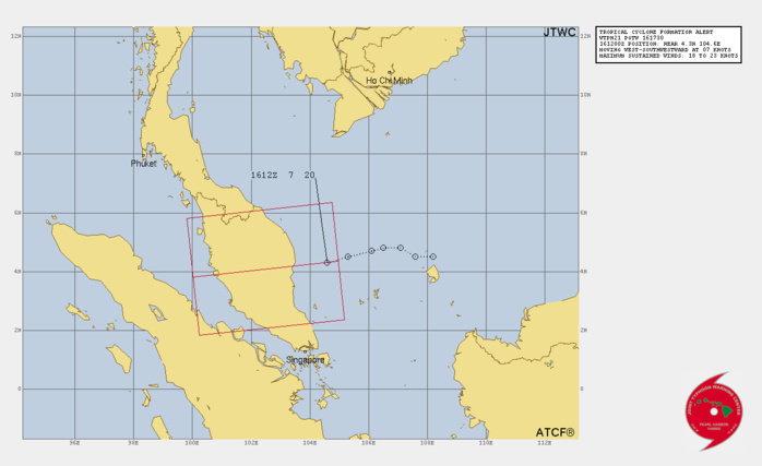 THE AREA OF CONVECTION (INVEST 97W) PREVIOUSLY LOCATED NEAR 4.8N 107.1E IS NOW LOCATED NEAR 4.4N 104.5E APPROXIMATELY 345KM NM NORTH-NORTHEAST OF SINGAPORE. ANIMATED ENHANCED INFRARED SATELLITE IMAGERY DEPICTS A MUDDLED MESS OF THUNDERSTORMS ABOVE AND EAST OF THE MALAY PENINSULA. EASTERN SHEAR FROM THE OUTFLOW OF 28W (TYPHOON RAI) IS APPLYING SIGNIFICANT PRESSURE TO THE CONVECTION ASSOCIATED WITH 97W, PARTIALLY EXPOSING THE LOW LEVEL CIRCULATION CENTER (LLCC). HOWEVER, A 161500Z SHIP OBSERVATION JUST SOUTH OF THE LLCC REPORTED 23KTS FROM THE WEST-SOUTHWEST. ANALYSIS INDICATES THE ENVIRONMENT IS OVERALL FAVORABLE WITH WARM SEA SURFACE TEMPERATURES AND FLOURISHING POLEWARD OUTFLOW, OFFSET BY THE AFOREMENTIONED MODERATE SHEAR (15-20 KTS). DYNAMIC MODELS INDICATE 97W WILL TRACK WEST OVER THE MALAYAN PENINSULA AND INTO THE STRAIT OF MALACCA. AS IT STANDS, INTENSIFICATION WILL BE MINIMAL BEFORE THE SYSTEM MOVES OVER LAND. MAXIMUM SUSTAINED SURFACE WINDS ARE ESTIMATED AT 18 TO 23 KNOTS. MINIMUM SEA LEVEL PRESSURE IS ESTIMATED TO BE NEAR 1005 MB. THE POTENTIAL FOR THE DEVELOPMENT OF A SIGNIFICANT TROPICAL CYCLONE WITHIN THE NEXT 24 HOURS IS HIGH. THE AREA OF CONVECTION (INVEST 97W) PREVIOUSLY LOCATED NEAR 4.8N 107.1E IS NOW LOCATED NEAR 4.4N 104.5E APPROXIMATELY 345KM NM NORTH-NORTHEAST OF SINGAPORE. ANIMATED ENHANCED INFRARED SATELLITE IMAGERY DEPICTS A MUDDLED MESS OF THUNDERSTORMS ABOVE AND EAST OF THE MALAY PENINSULA. EASTERN SHEAR FROM THE OUTFLOW OF 28W (TYPHOON RAI) IS APPLYING SIGNIFICANT PRESSURE TO THE CONVECTION ASSOCIATED WITH 97W, PARTIALLY EXPOSING THE LOW LEVEL CIRCULATION CENTER (LLCC). HOWEVER, A 161500Z SHIP OBSERVATION JUST SOUTH OF THE LLCC REPORTED 23KTS FROM THE WEST-SOUTHWEST. ANALYSIS INDICATES THE ENVIRONMENT IS OVERALL FAVORABLE WITH WARM SEA SURFACE TEMPERATURES AND FLOURISHING POLEWARD OUTFLOW, OFFSET BY THE AFOREMENTIONED MODERATE SHEAR (15-20 KTS). DYNAMIC MODELS INDICATE 97W WILL TRACK WEST OVER THE MALAYAN PENINSULA AND INTO THE STRAIT OF MALACCA. AS IT STANDS, INTENSIFICATION WILL BE MINIMAL BEFORE THE SYSTEM MOVES OVER LAND. MAXIMUM SUSTAINED SURFACE WINDS ARE ESTIMATED AT 18 TO 23 KNOTS. MINIMUM SEA LEVEL PRESSURE IS ESTIMATED TO BE NEAR 1005 MB. THE POTENTIAL FOR THE DEVELOPMENT OF A SIGNIFICANT TROPICAL CYCLONE WITHIN THE NEXT 24 HOURS IS HIGH.